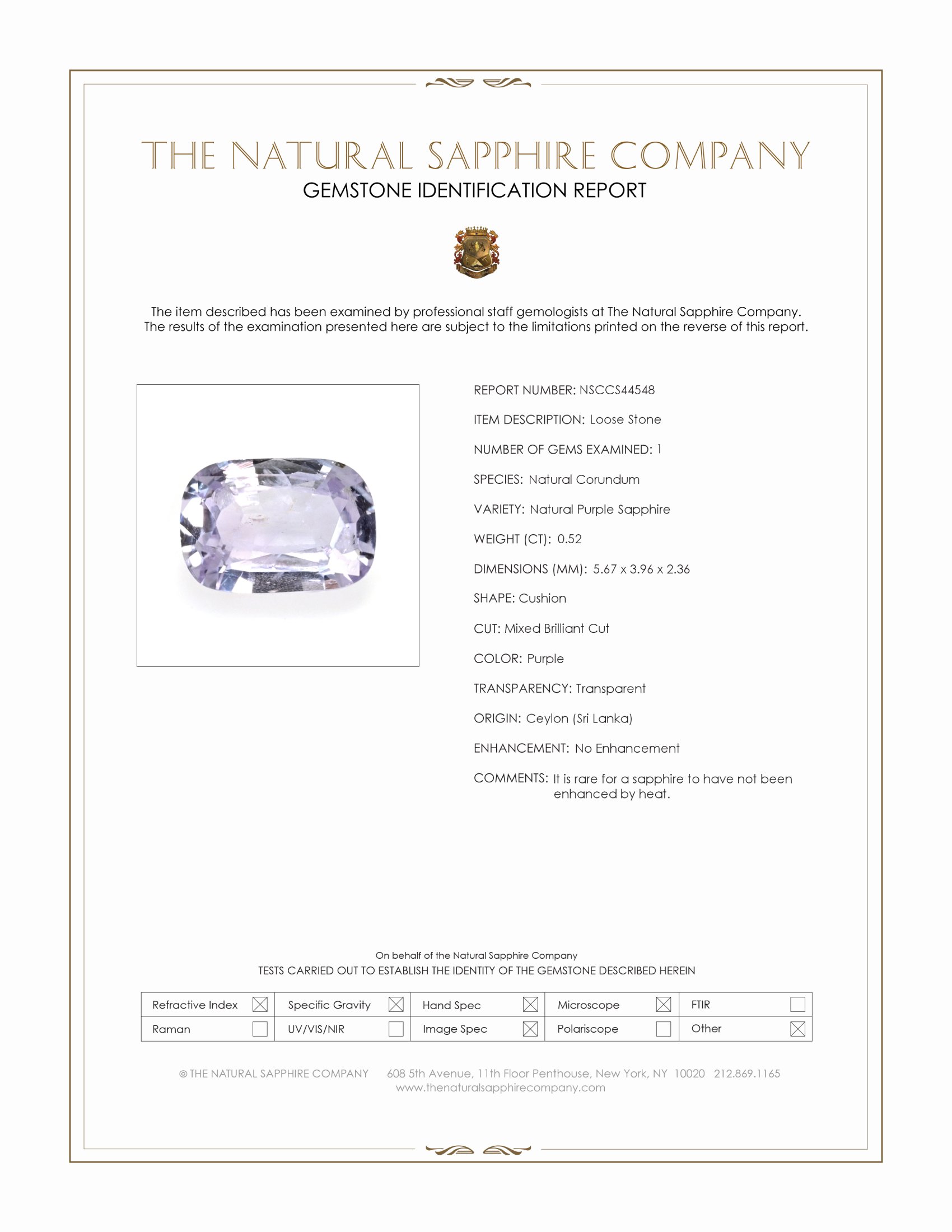 0.52 Ct. Purple Sapphire from Ceylon (Sri Lanka)