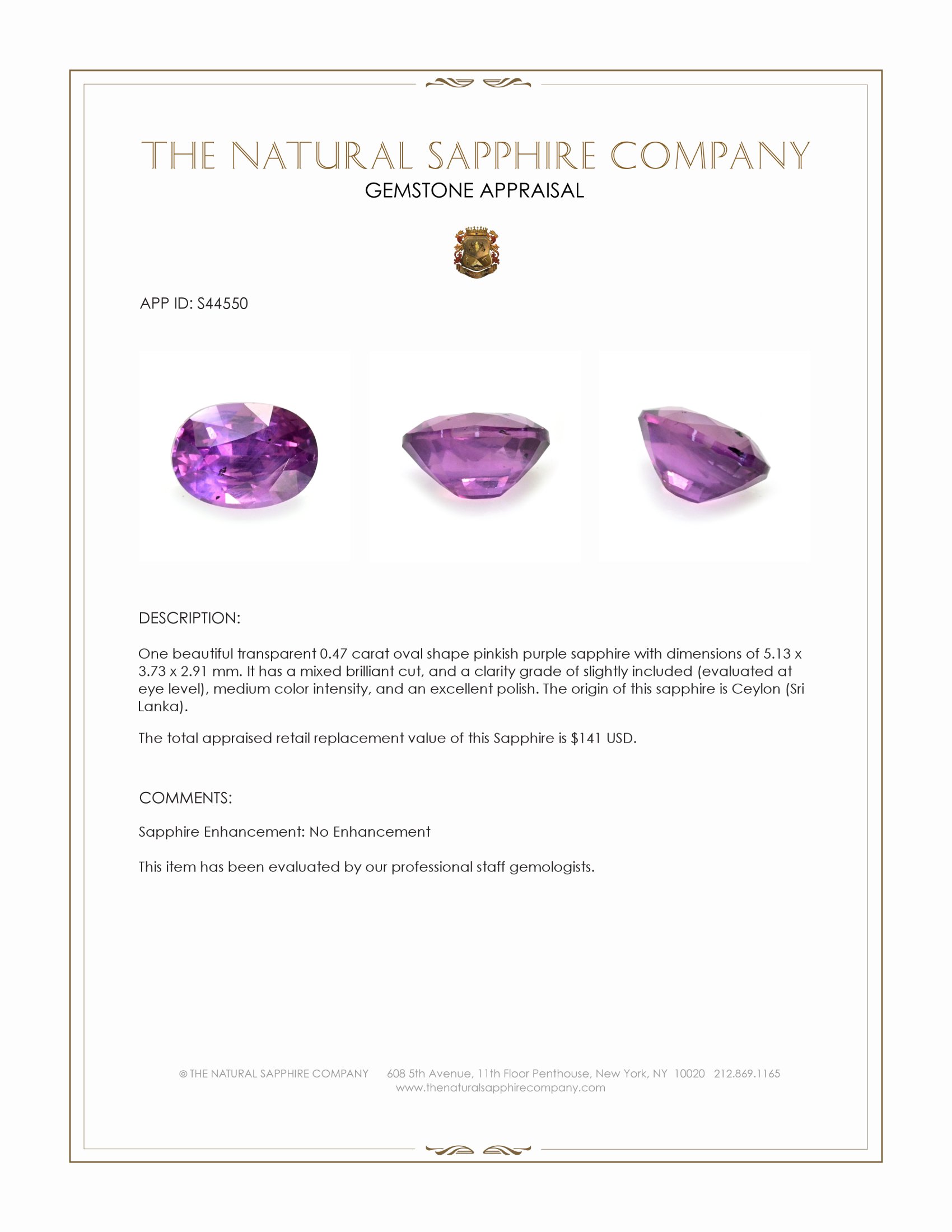 0.47 Ct. Pinkish Purple Sapphire from Ceylon (Sri Lanka)