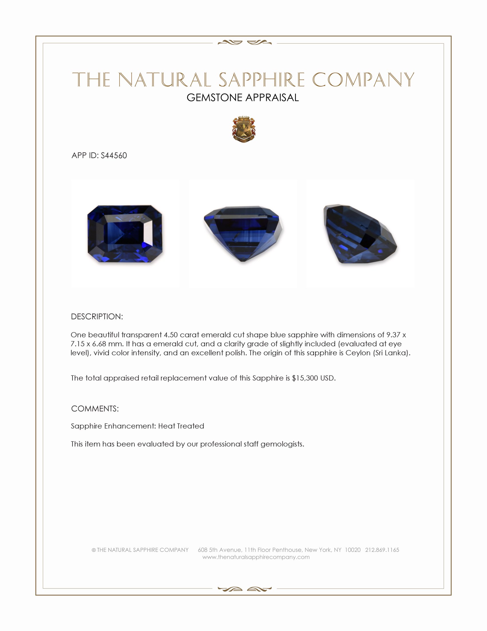 4.50 Ct. Blue Sapphire from Ceylon (Sri Lanka)