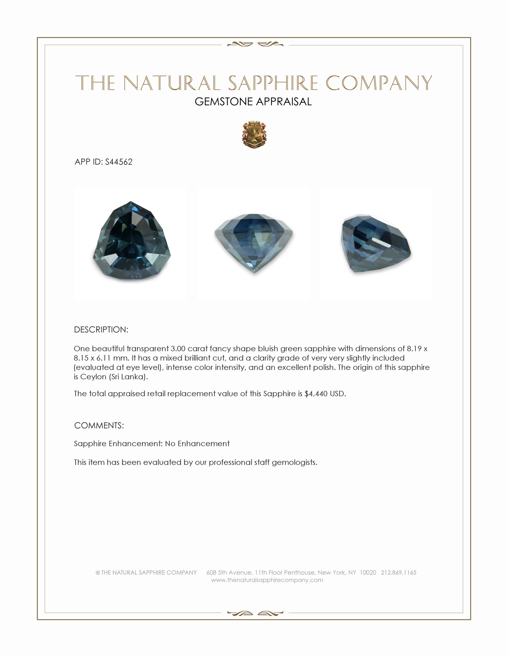 3.00 Ct. Bluish Green Sapphire from Ceylon (Sri Lanka)