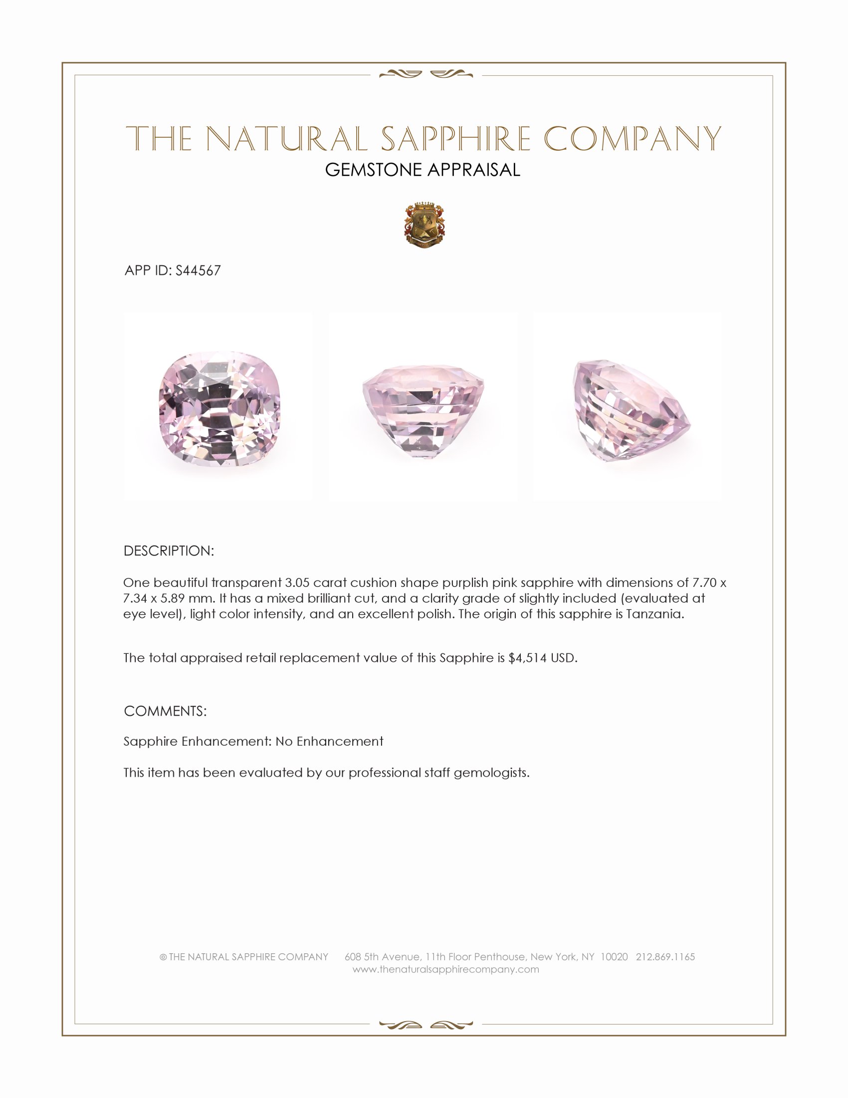 3.05 Ct. Purplish Pink Sapphire from Tanzania