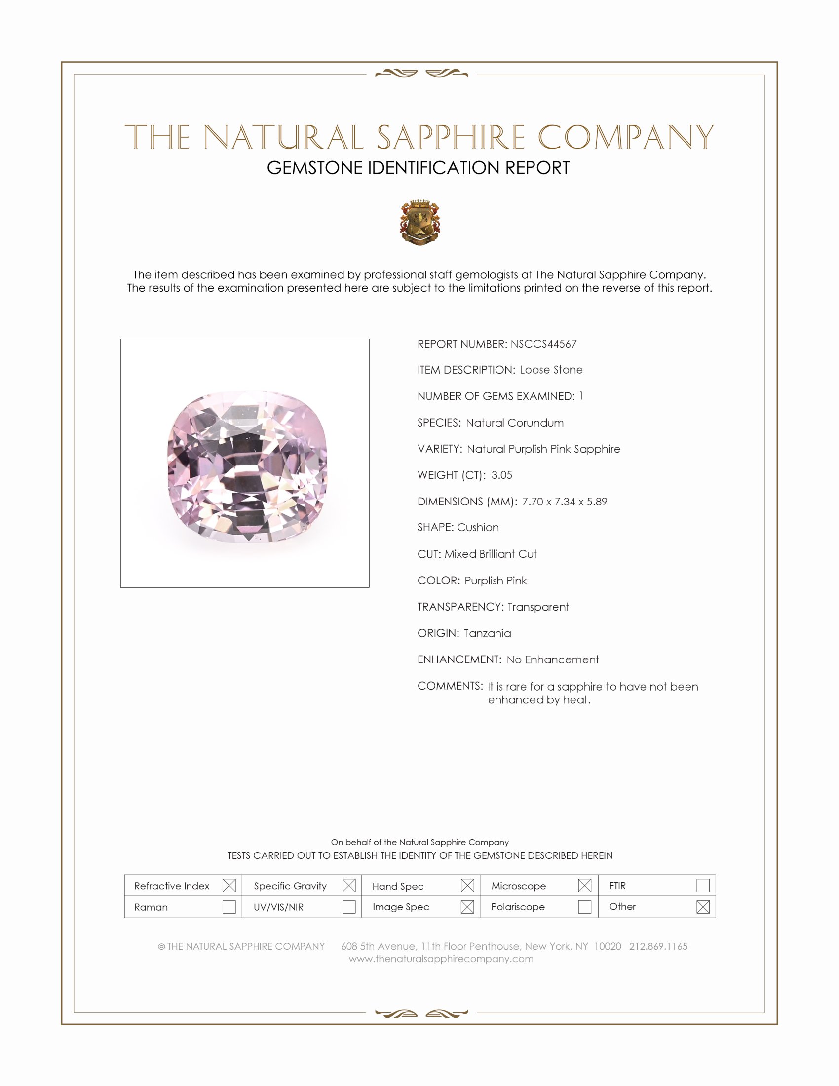 3.05 Ct. Purplish Pink Sapphire from Tanzania