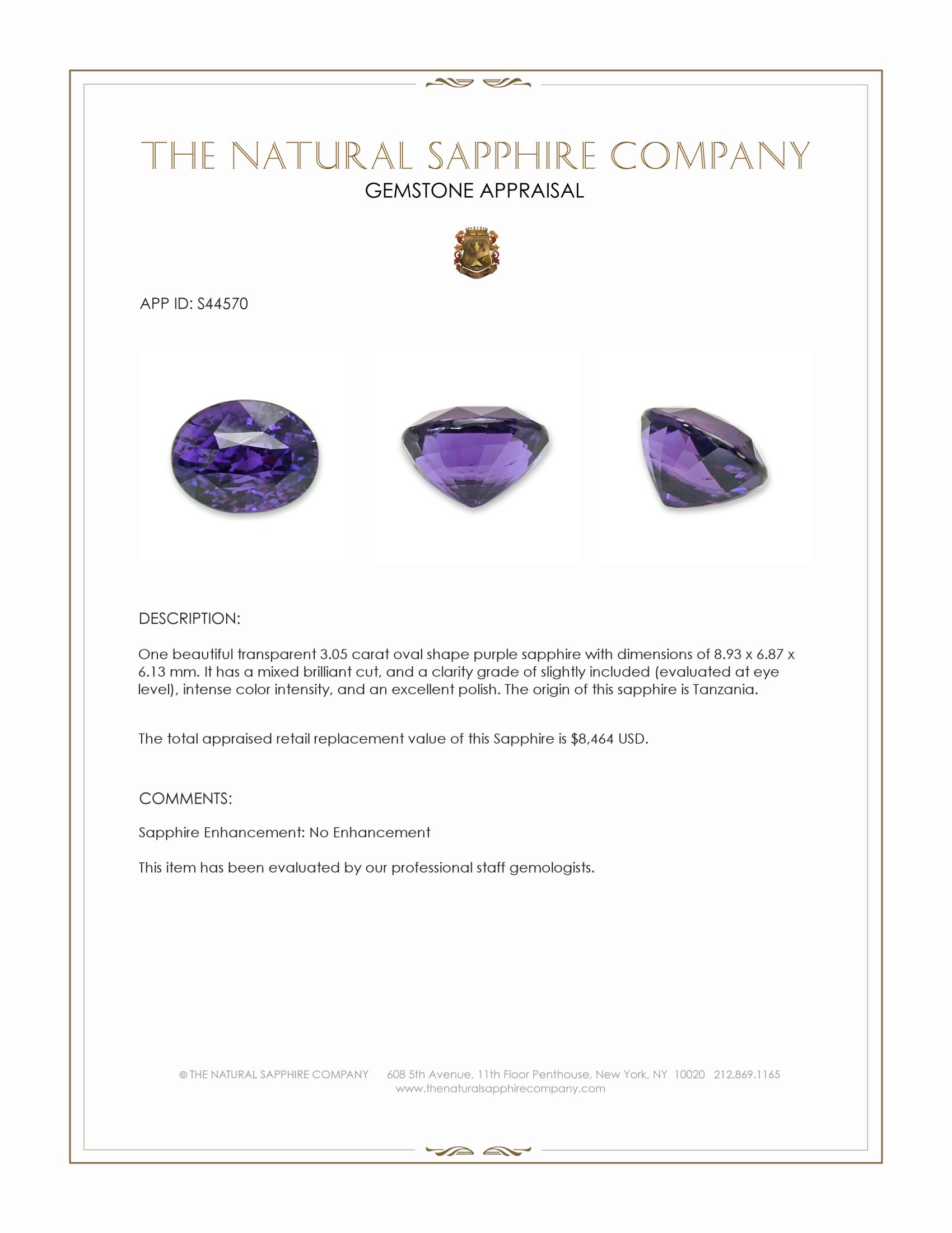 3.05 Ct. Purple Sapphire from Tanzania