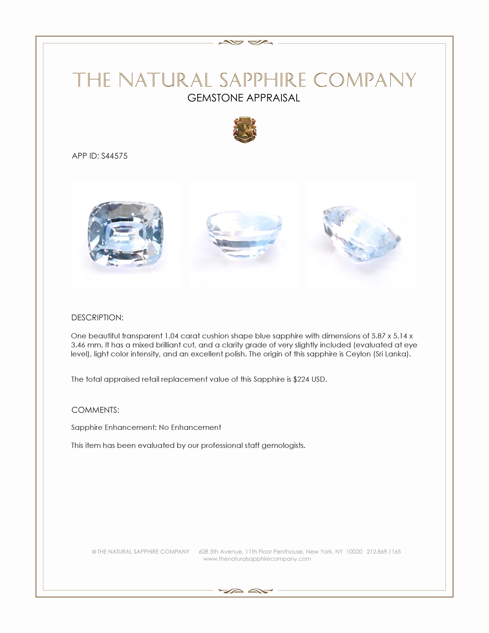 1.04 Ct. Blue Sapphire from Ceylon (Sri Lanka)