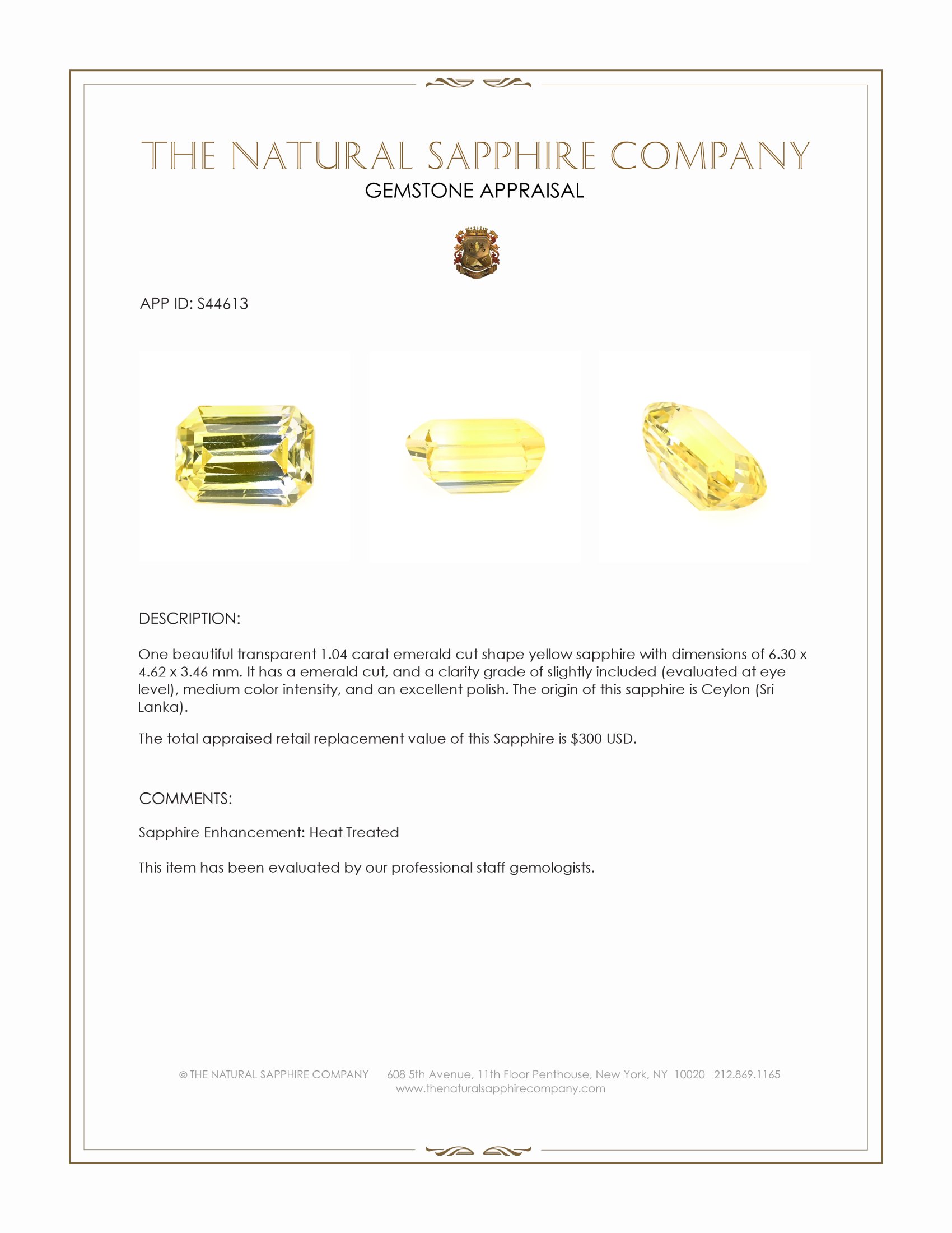1.04 Ct. Yellow Sapphire from Ceylon (Sri Lanka)