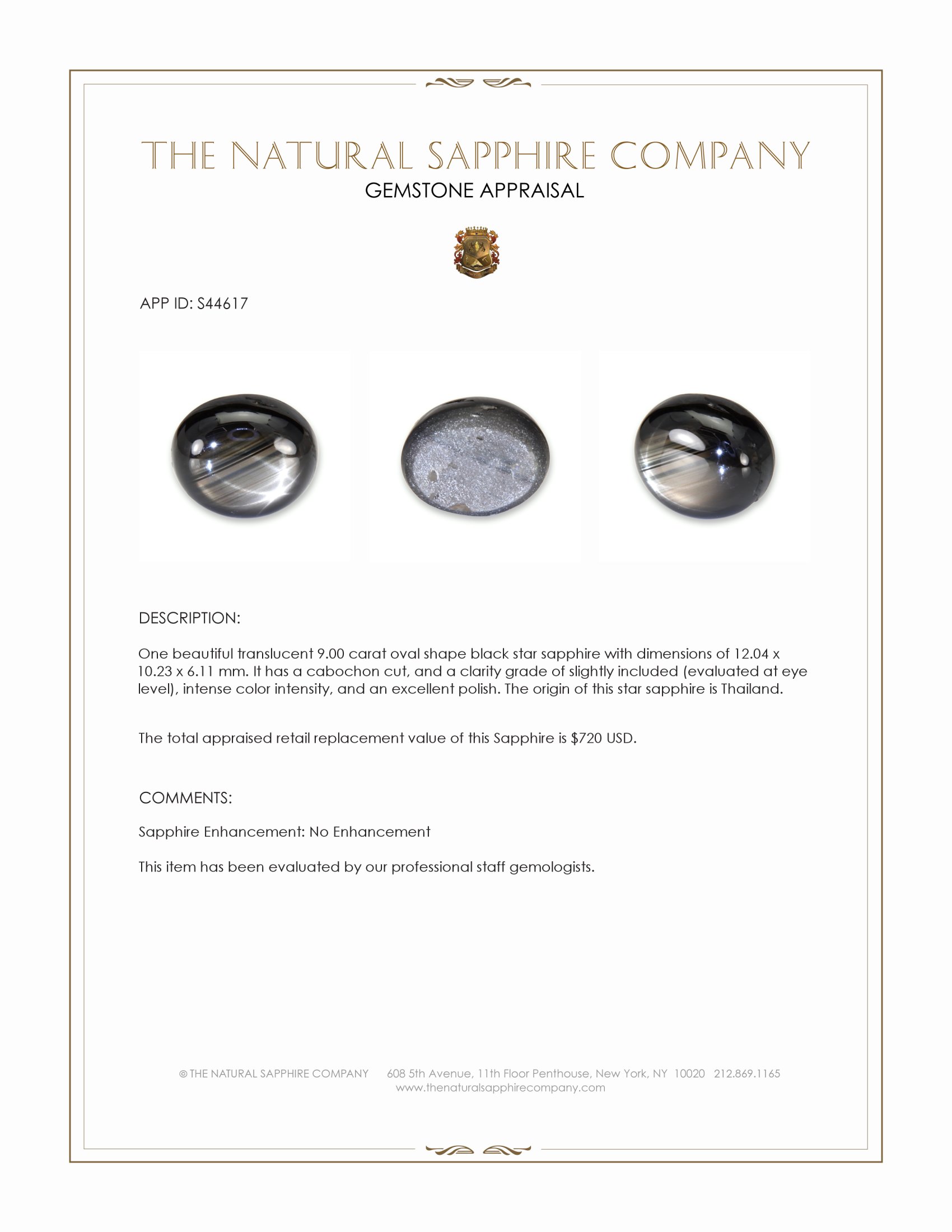 9.00 Ct. Black Star Sapphire from Thailand