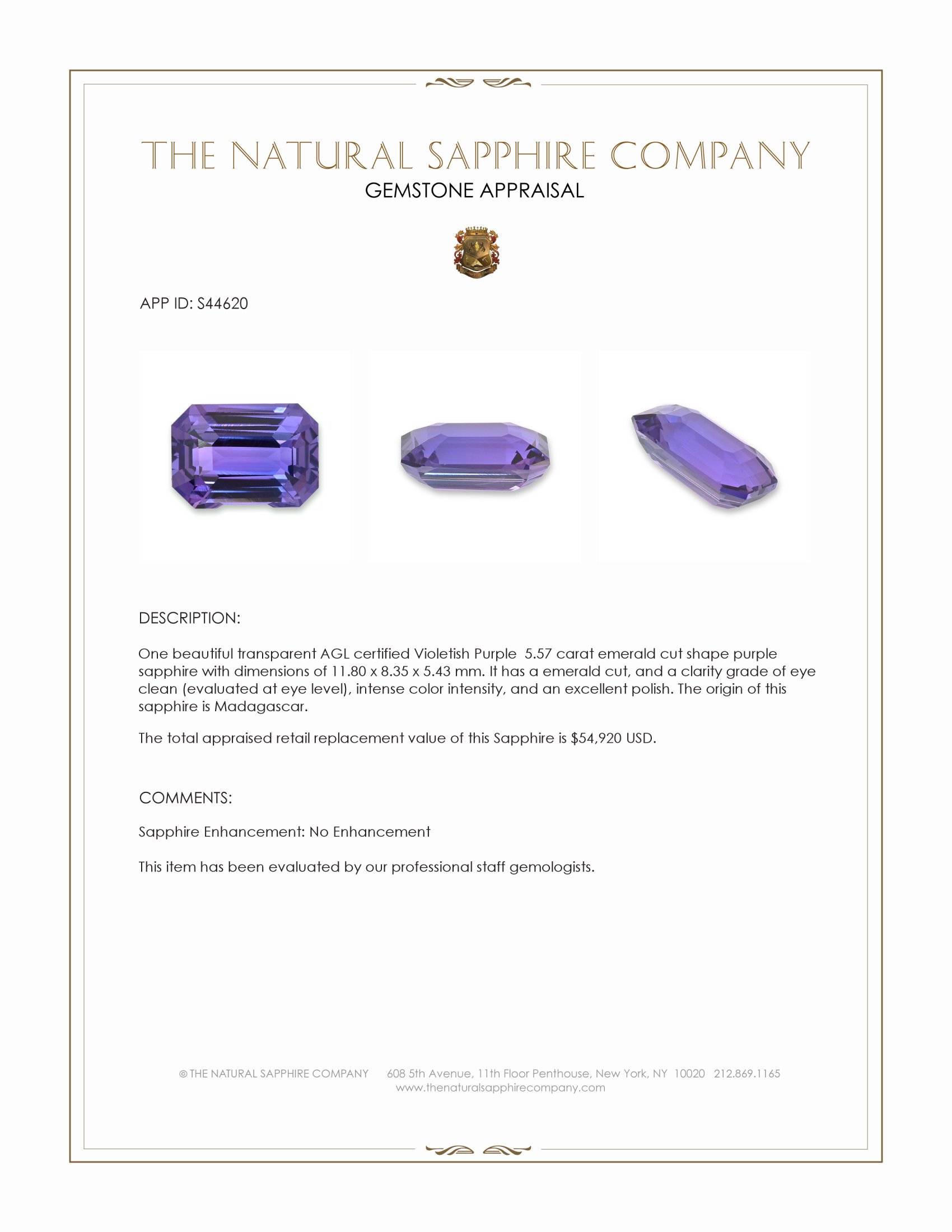 5.57 Ct. Purple Sapphire from Madagascar