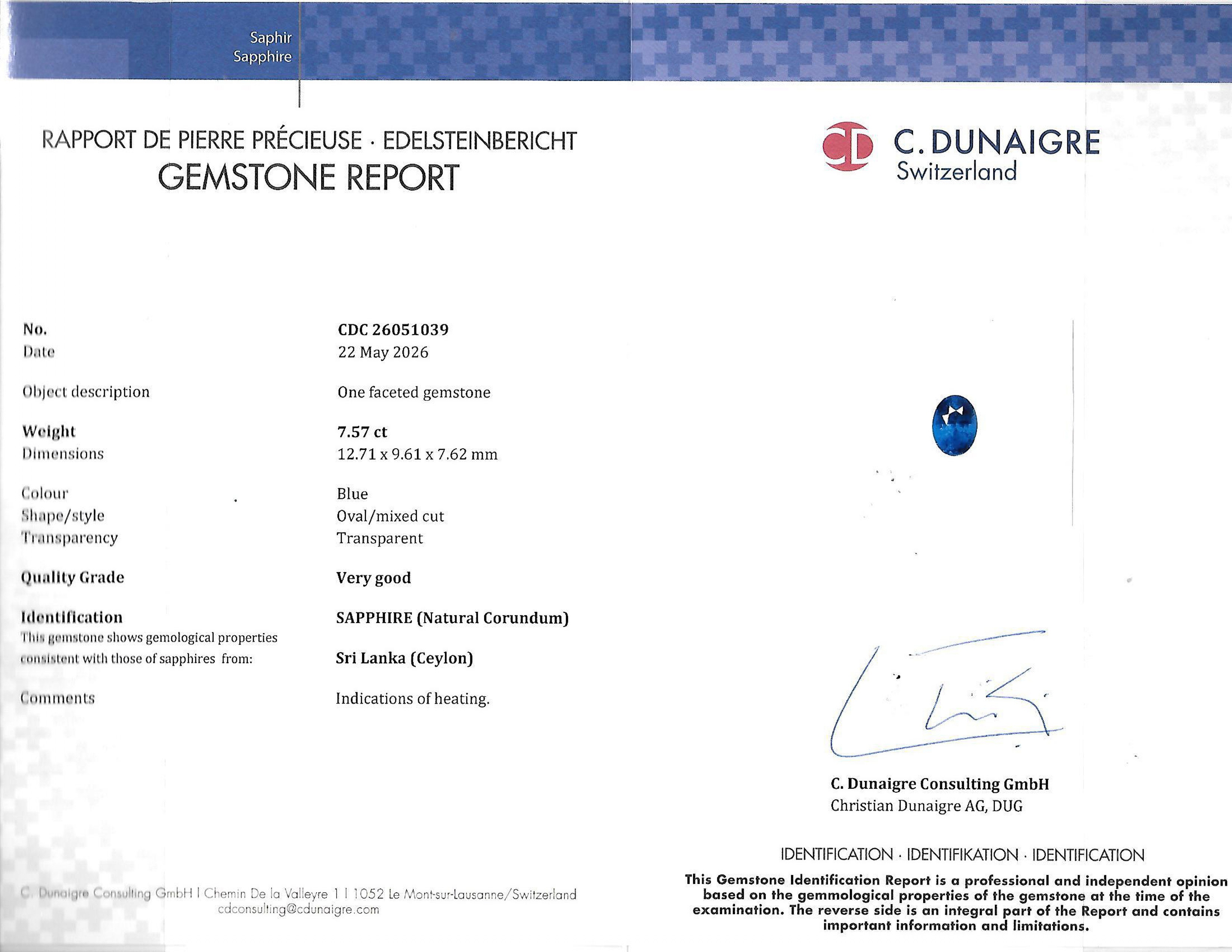 7.57 Ct. Blue Sapphire from Ceylon (Sri Lanka)