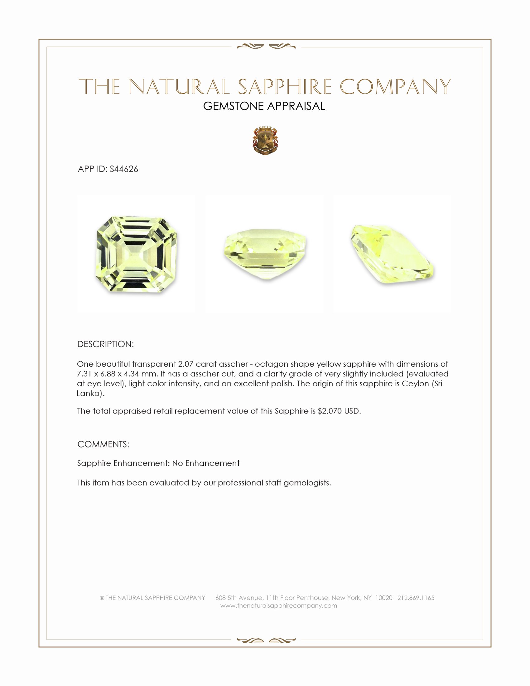 2.07 Ct. Yellow Sapphire from Ceylon (Sri Lanka)