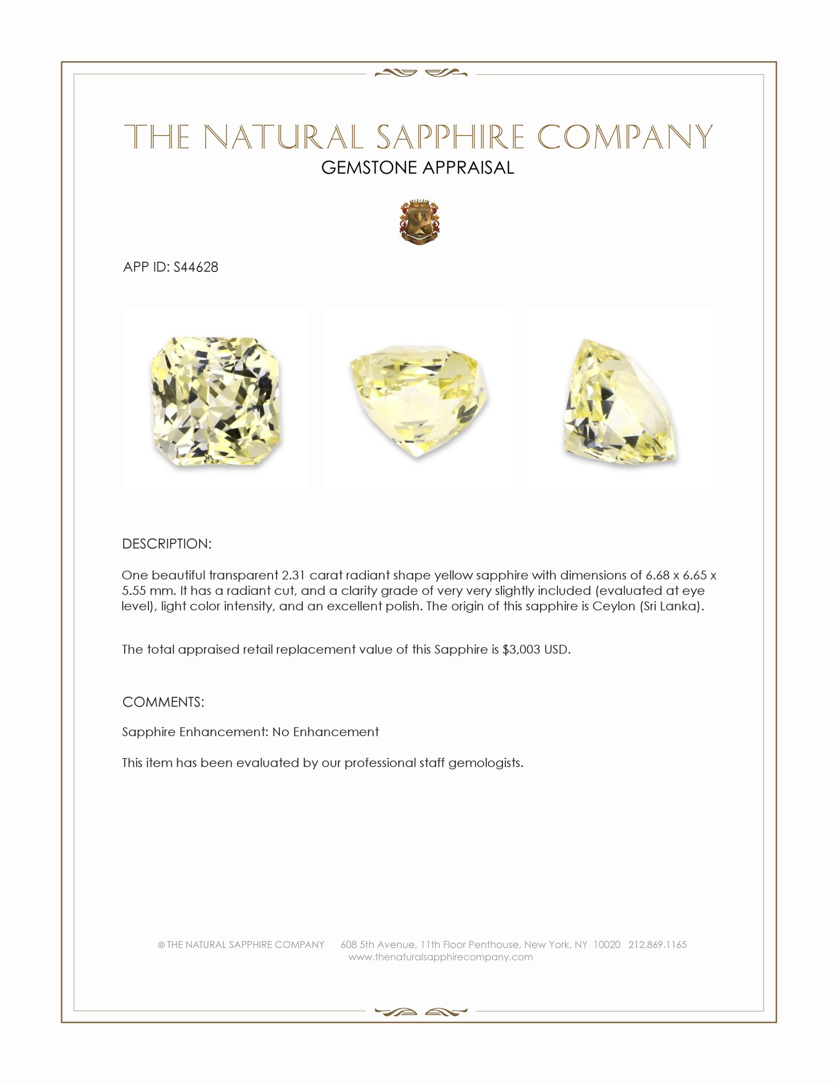 2.31 Ct. Yellow Sapphire from Ceylon (Sri Lanka)