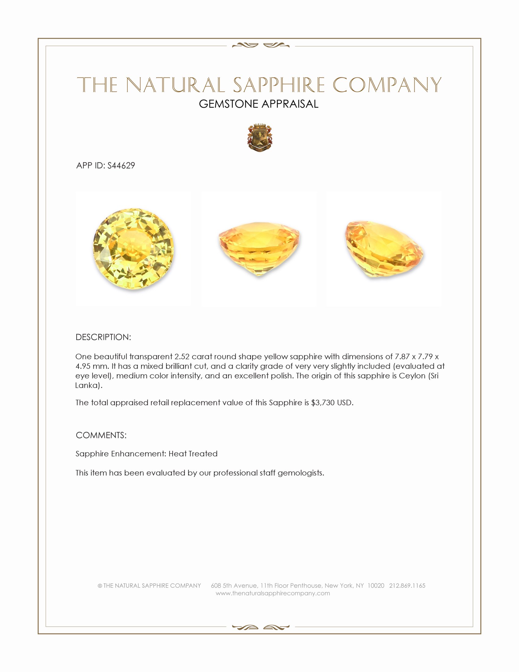 2.52 Ct. Yellow Sapphire from Ceylon (Sri Lanka)