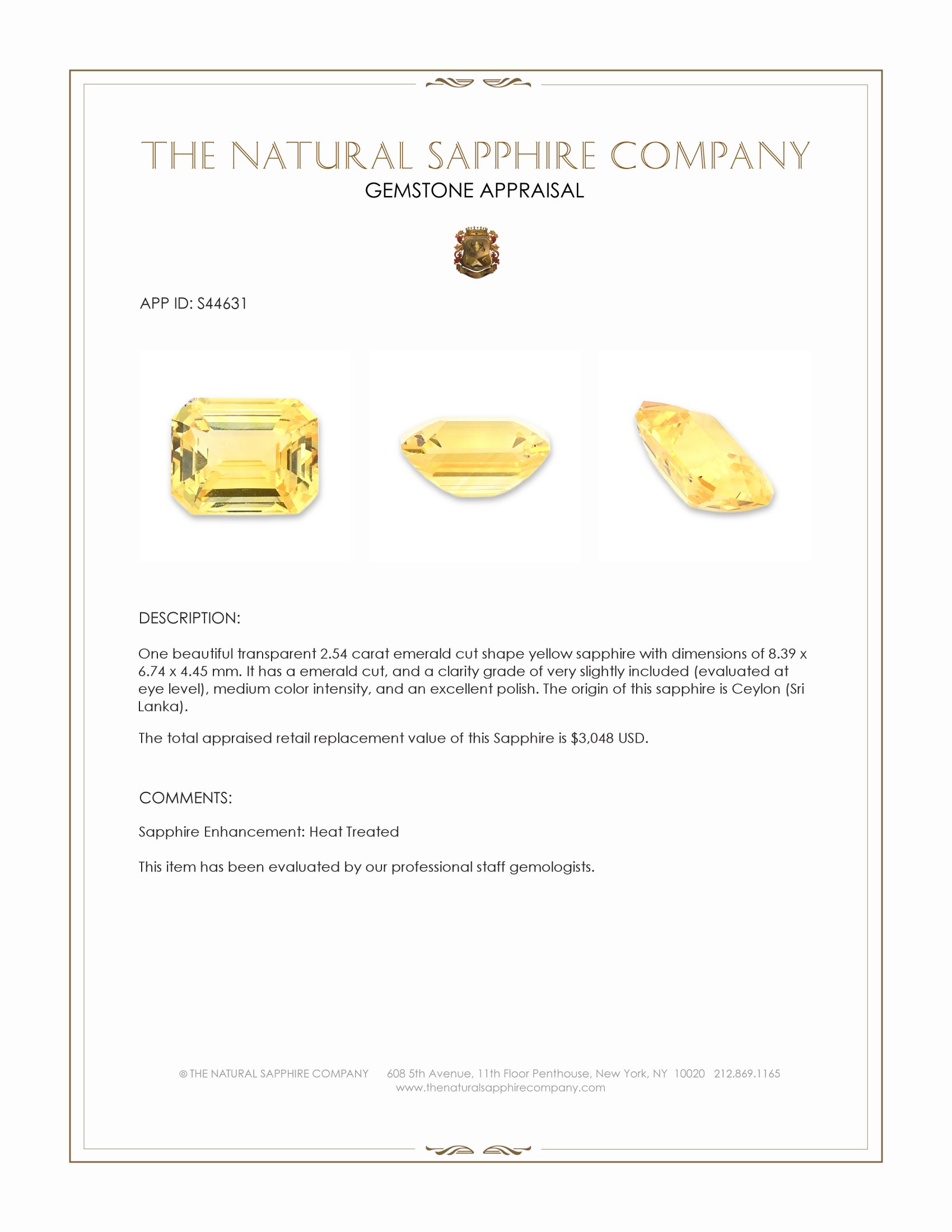 2.54 Ct. Yellow Sapphire from Ceylon (Sri Lanka)