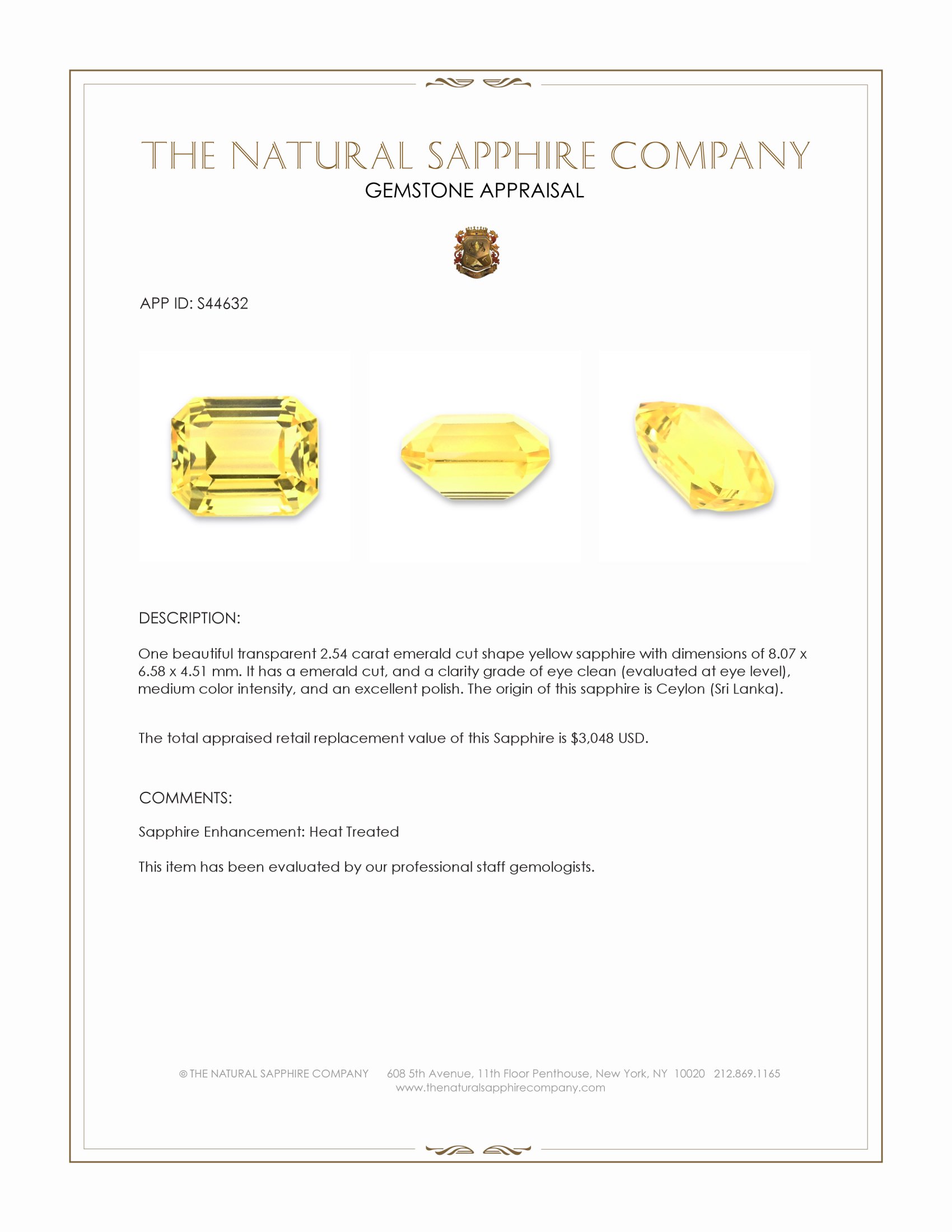2.54 Ct. Yellow Sapphire from Ceylon (Sri Lanka)