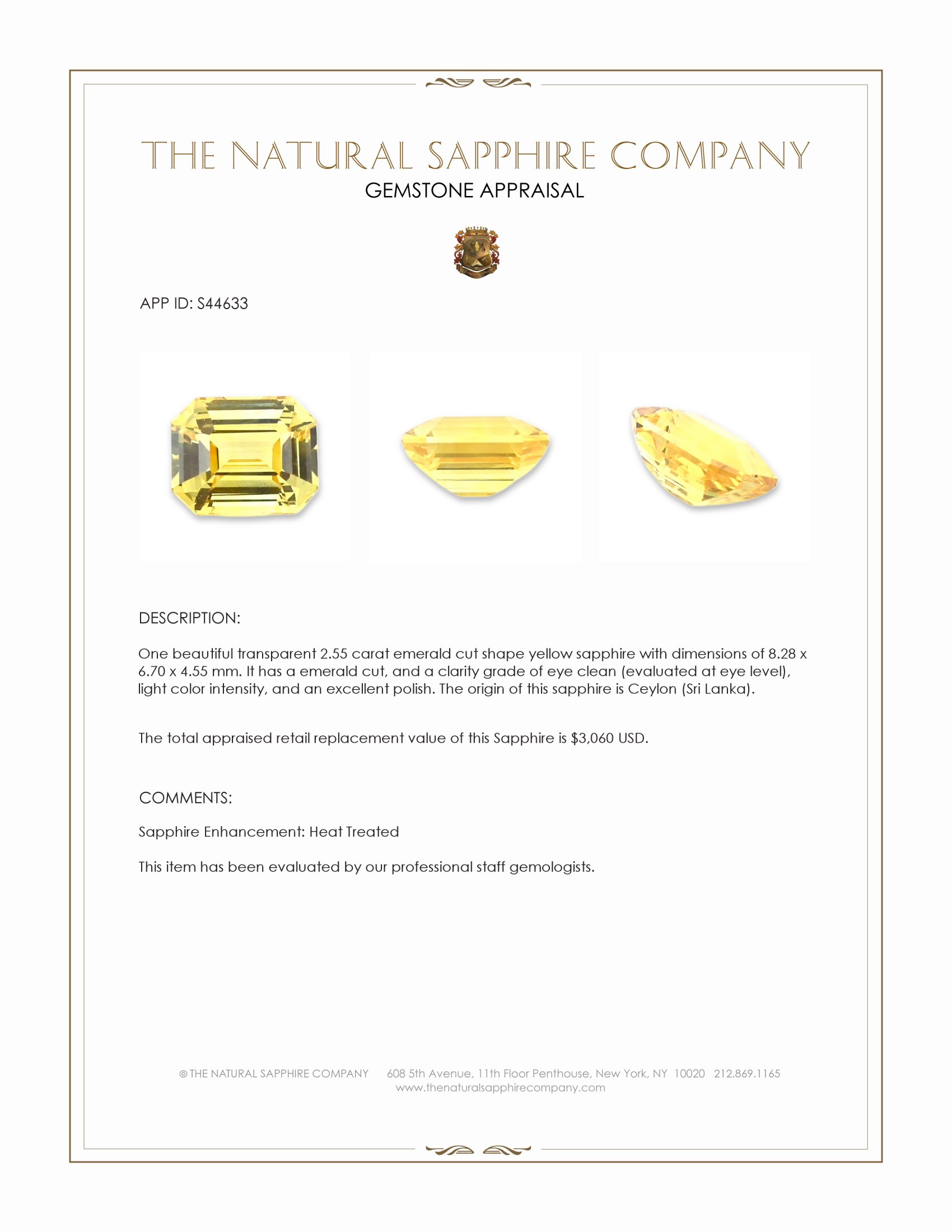 2.55 Ct. Yellow Sapphire from Ceylon (Sri Lanka)