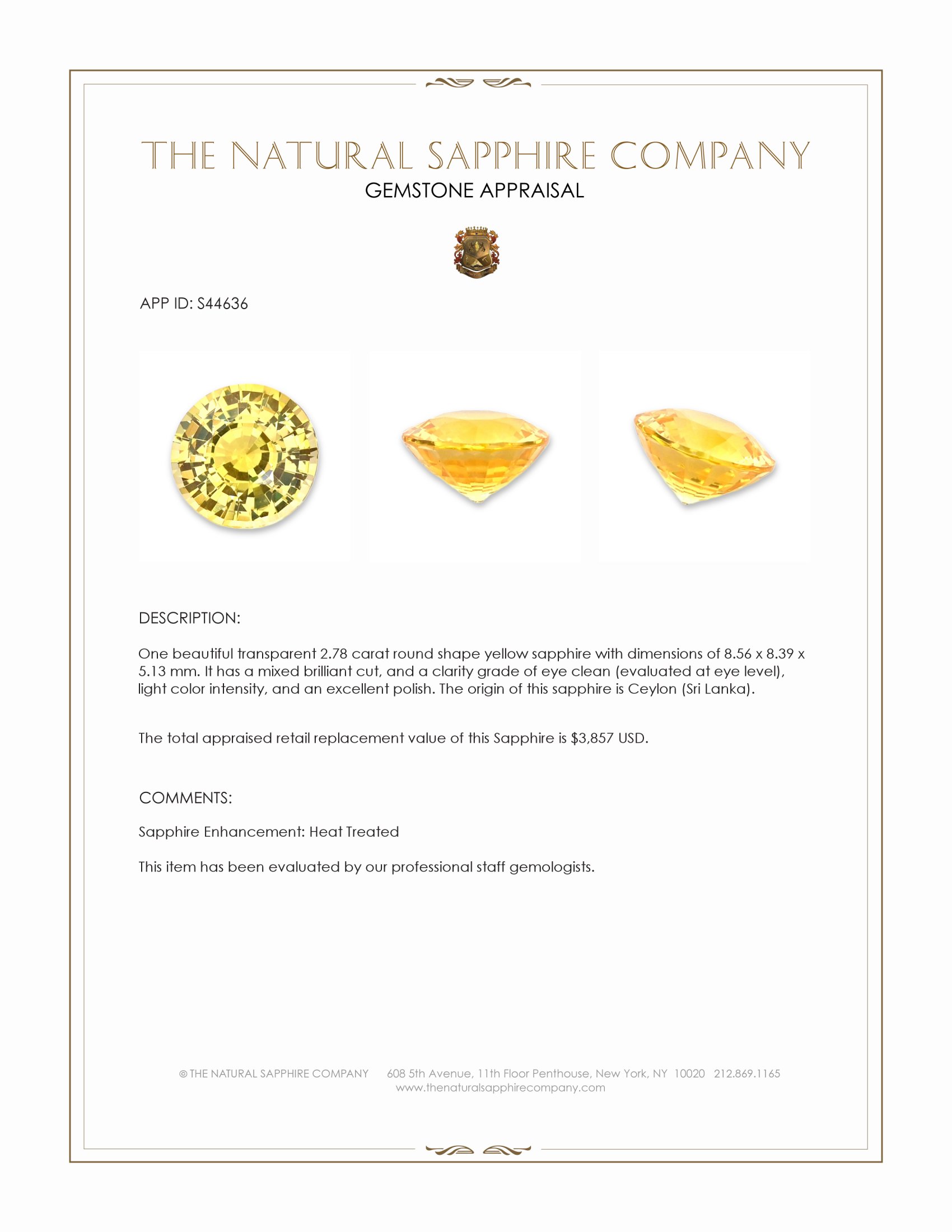 2.78 Ct. Yellow Sapphire from Ceylon (Sri Lanka)