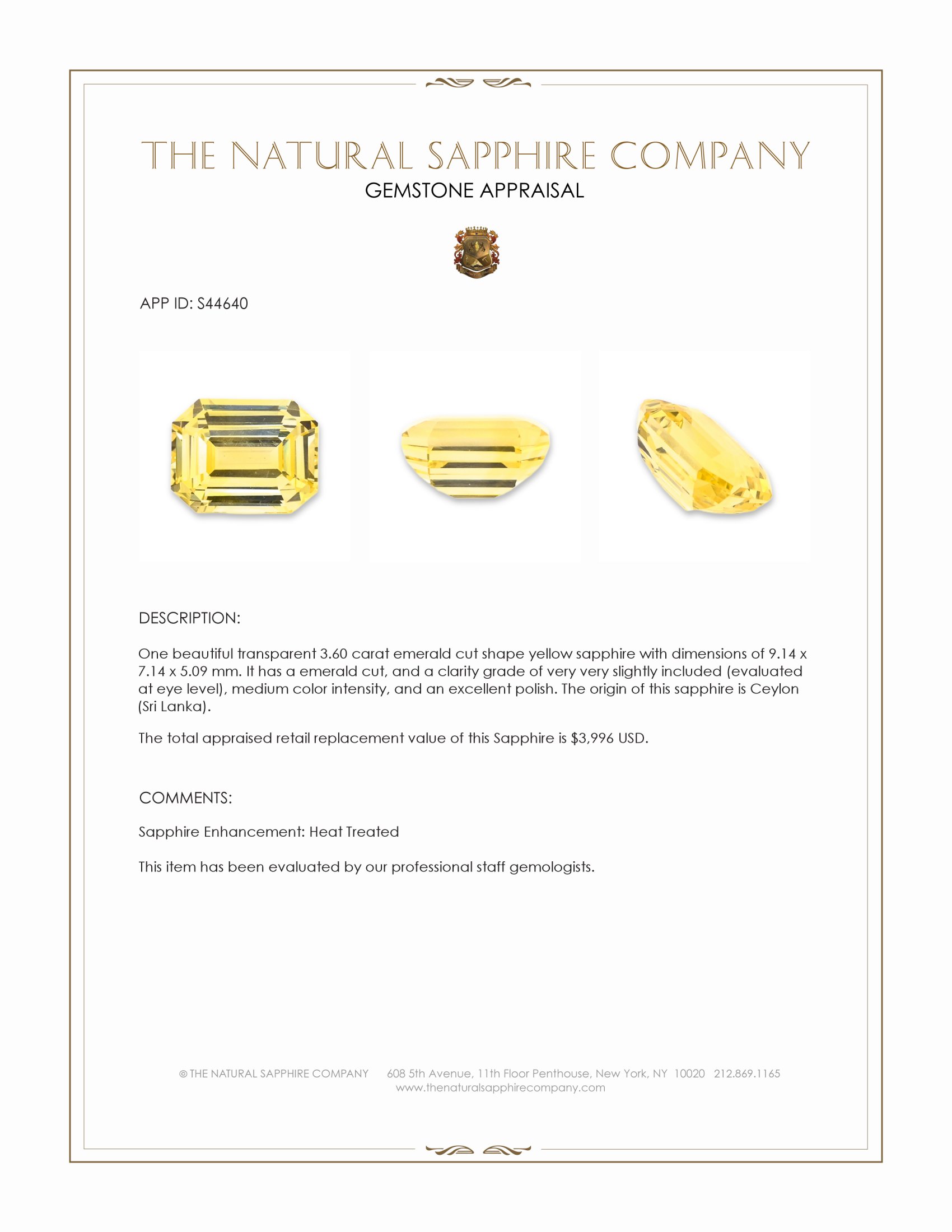 3.60 Ct. Yellow Sapphire from Ceylon (Sri Lanka)
