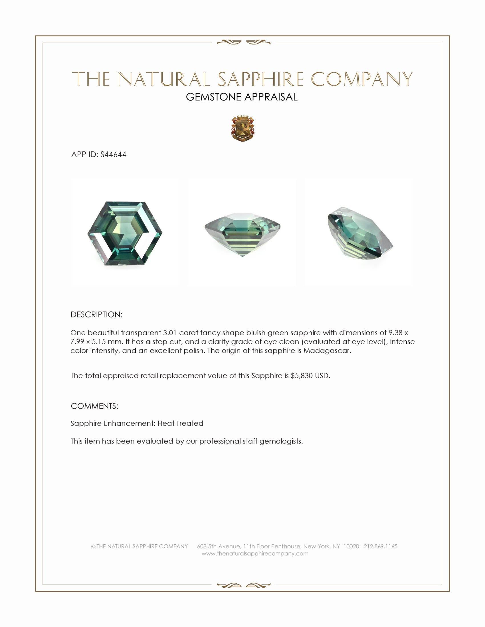 3.01 Ct. Bluish Green Sapphire from Madagascar