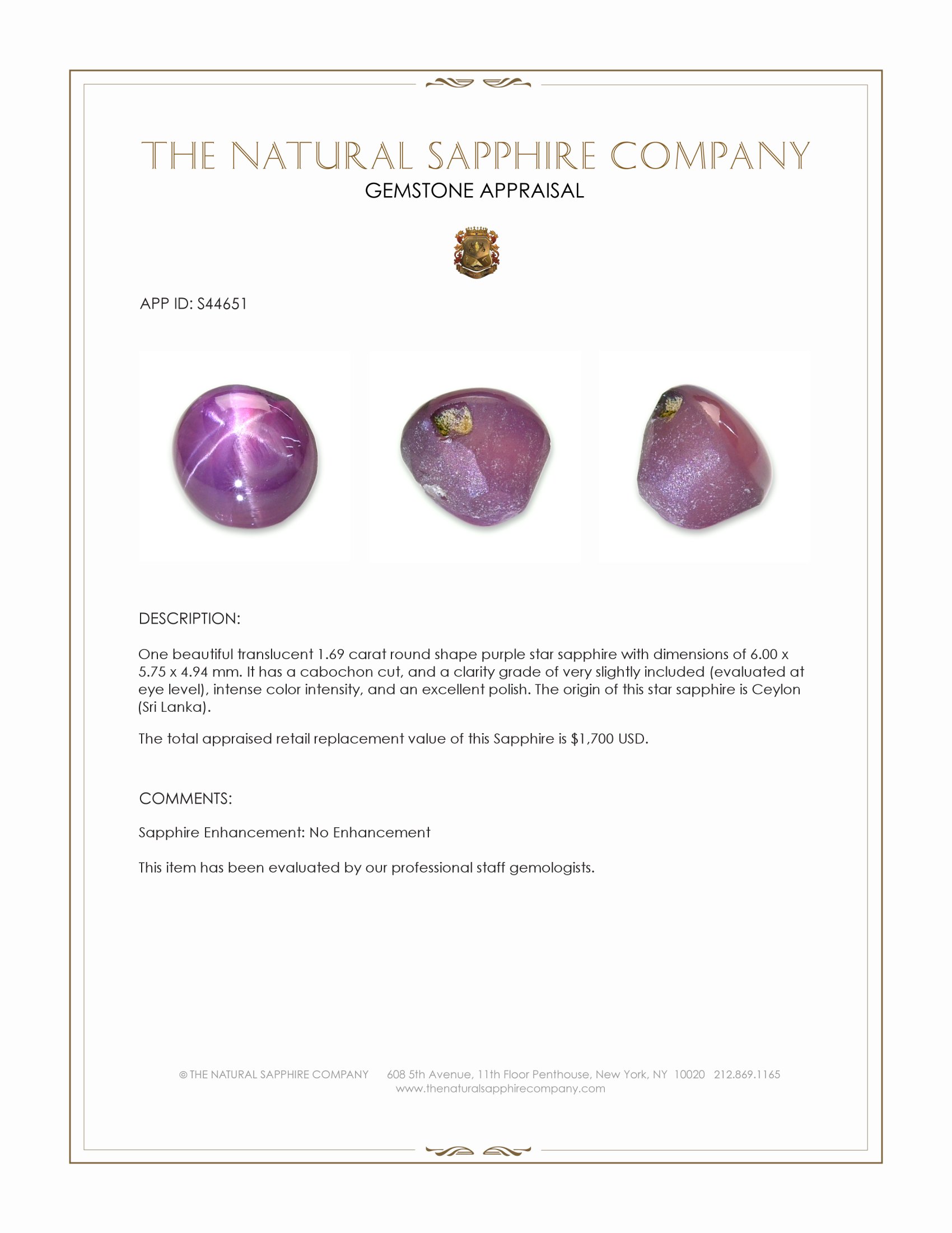 1.69 Ct. Purple Star Sapphire from Ceylon (Sri Lanka)