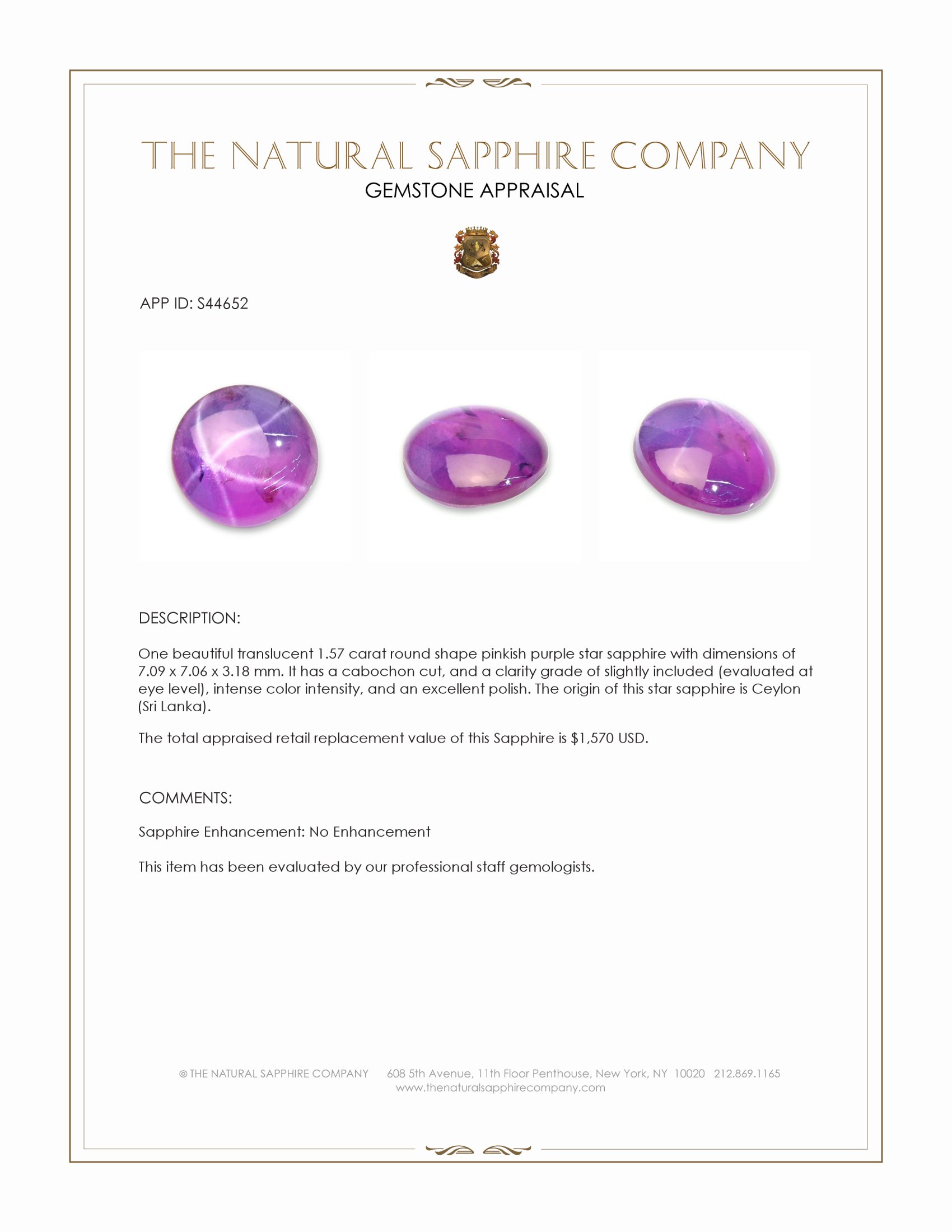 1.57 Ct. Pinkish Purple Star Sapphire from Ceylon (Sri Lanka)