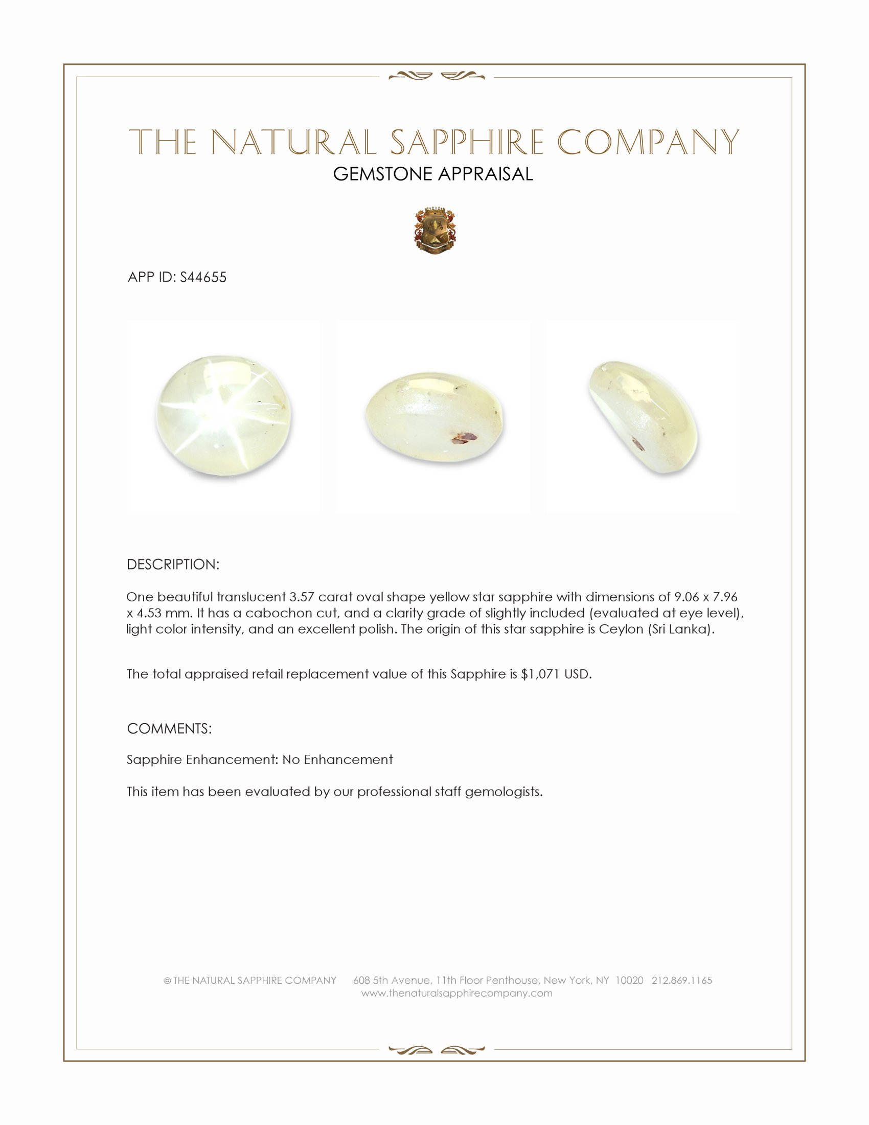 3.57 Ct. Yellow Star Sapphire from Ceylon (Sri Lanka)