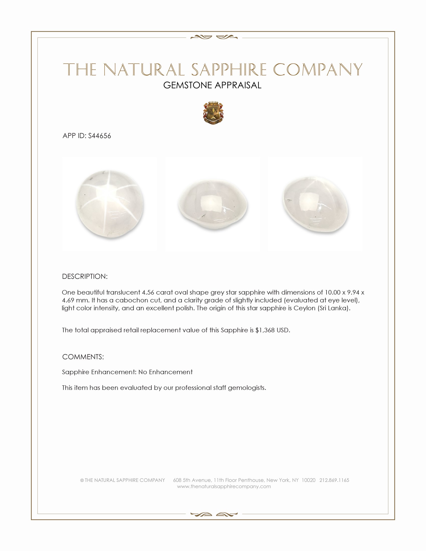 4.56 Ct. Grey Star Sapphire from Ceylon (Sri Lanka)