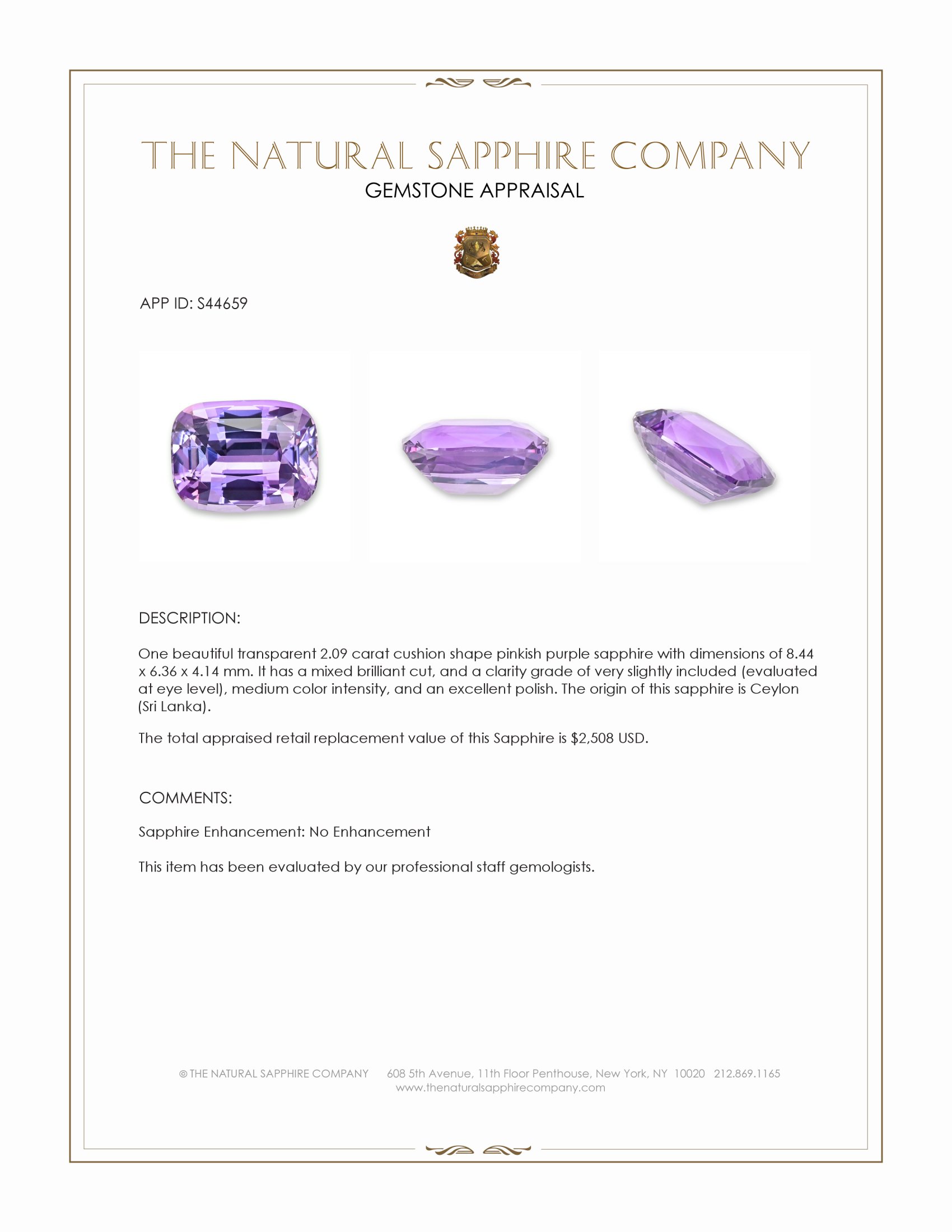 2.09 Ct. Pinkish Purple Sapphire from Ceylon (Sri Lanka)