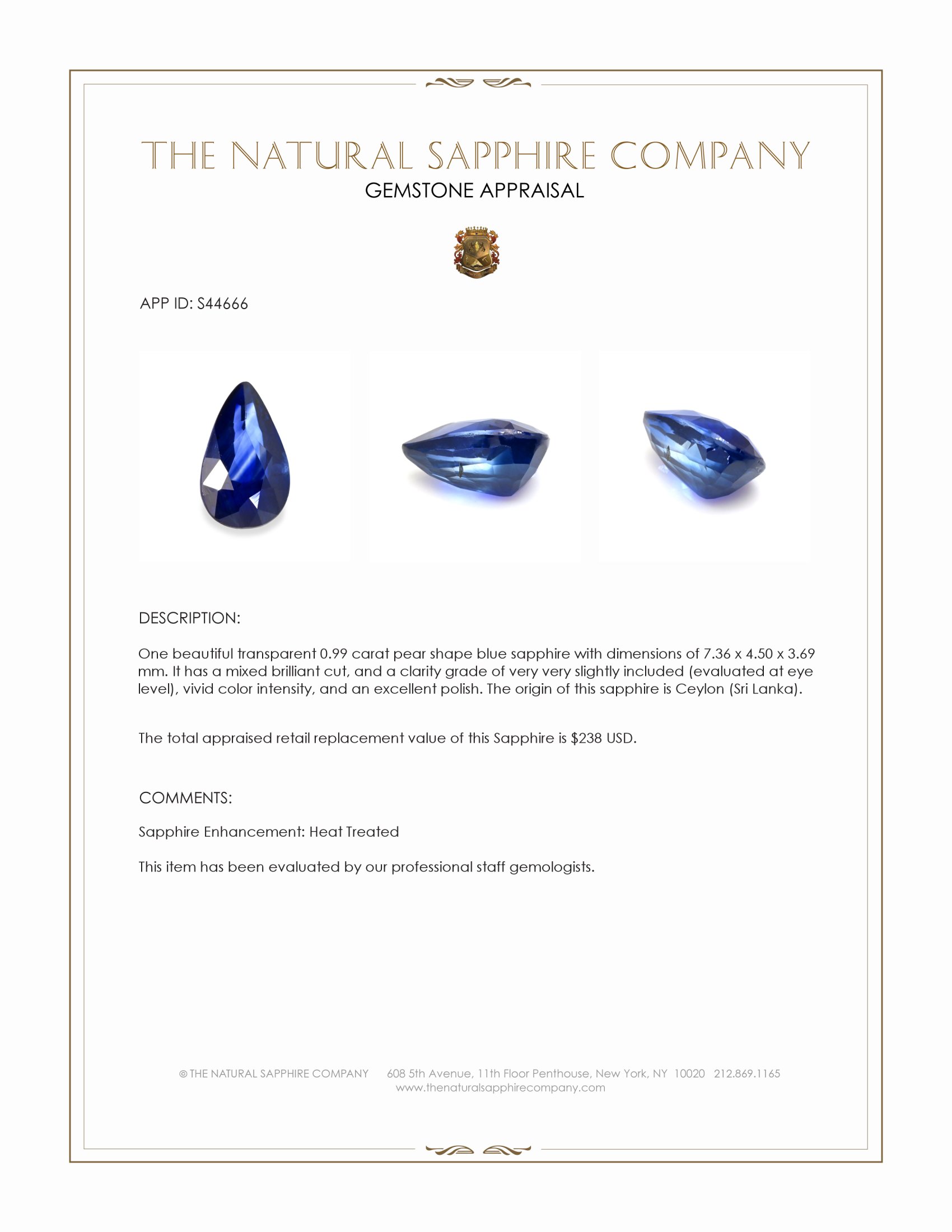 0.99 Ct. Blue Sapphire from Ceylon (Sri Lanka)