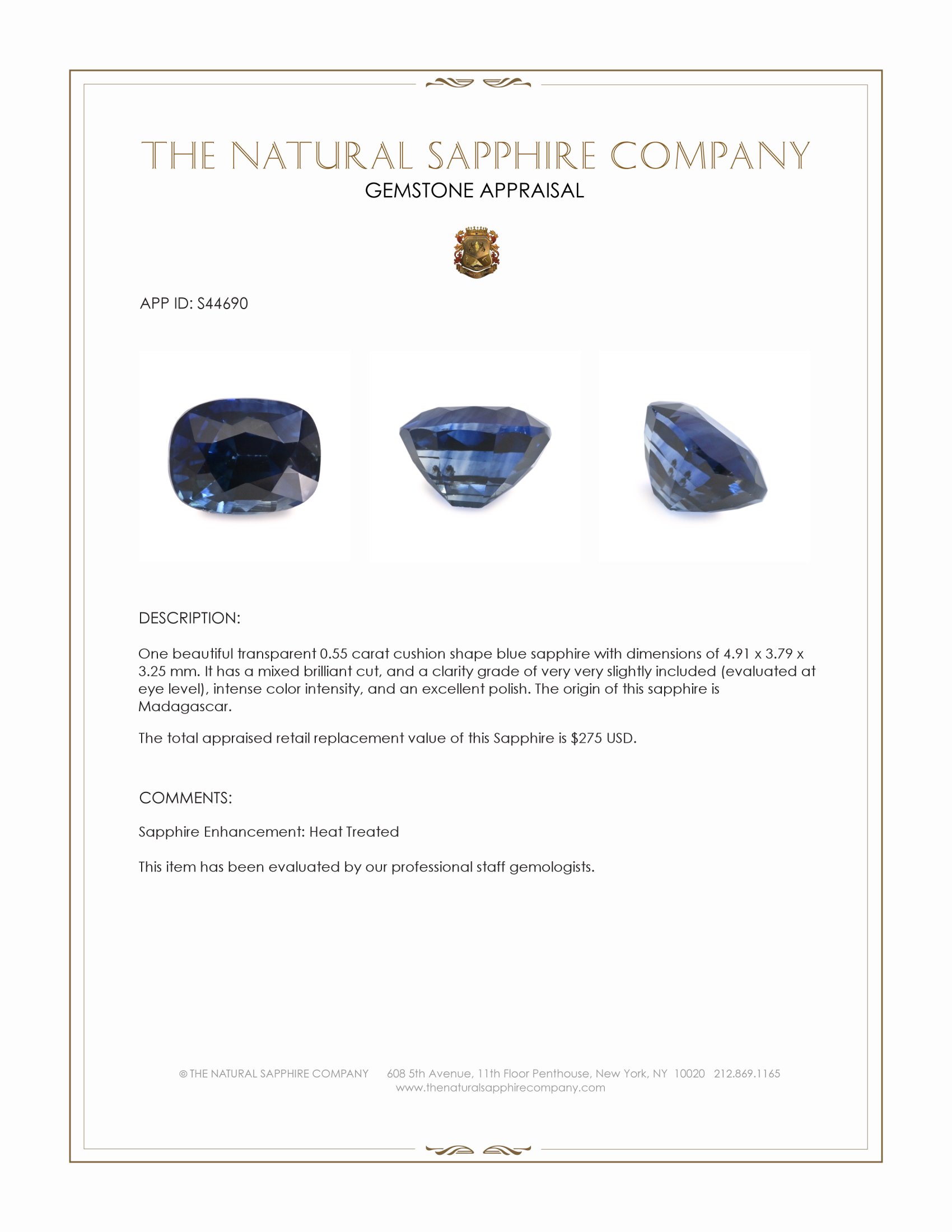 0.55 Ct. Blue Sapphire from Madagascar