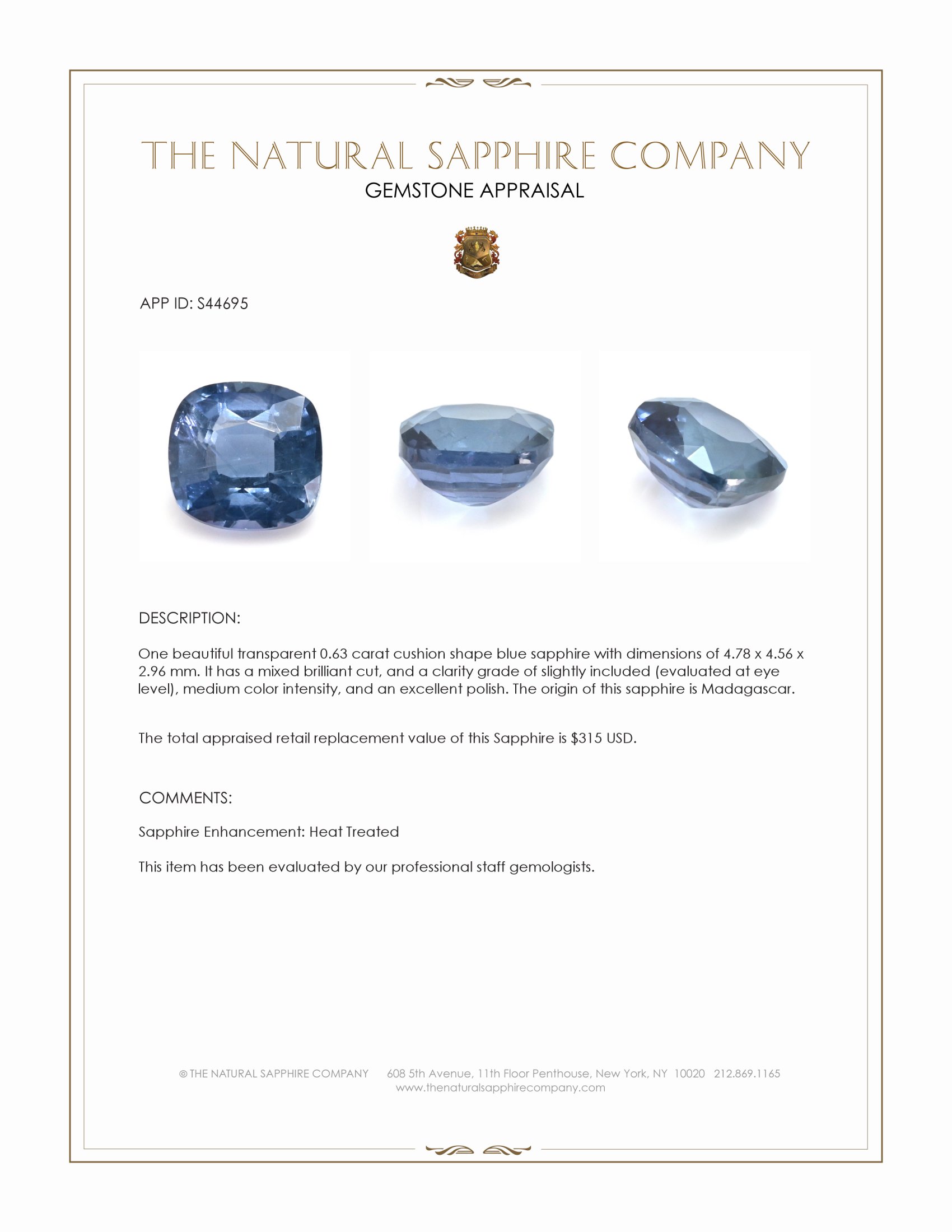 0.63 Ct. Blue Sapphire from Madagascar