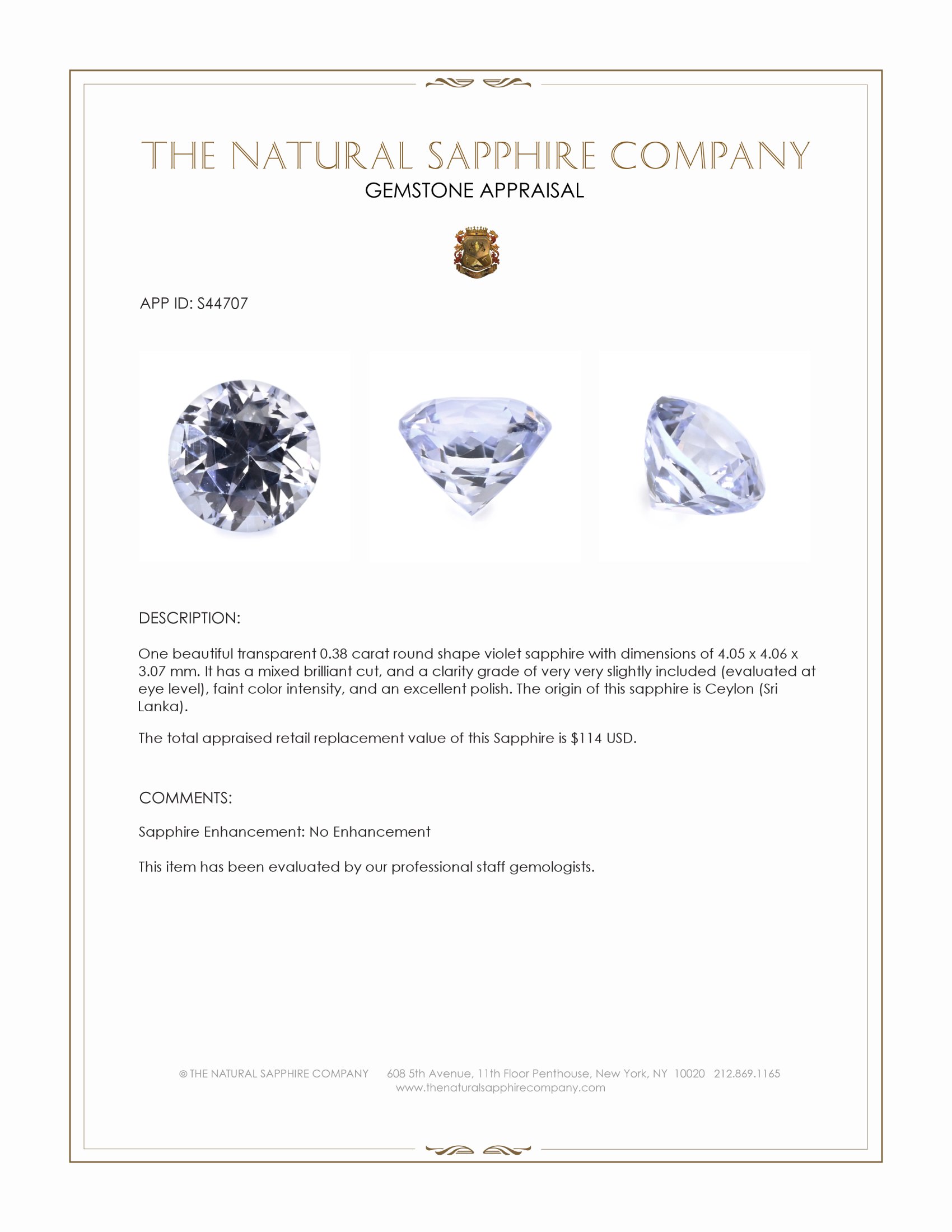 0.38 Ct. Violet Sapphire from Ceylon (Sri Lanka)