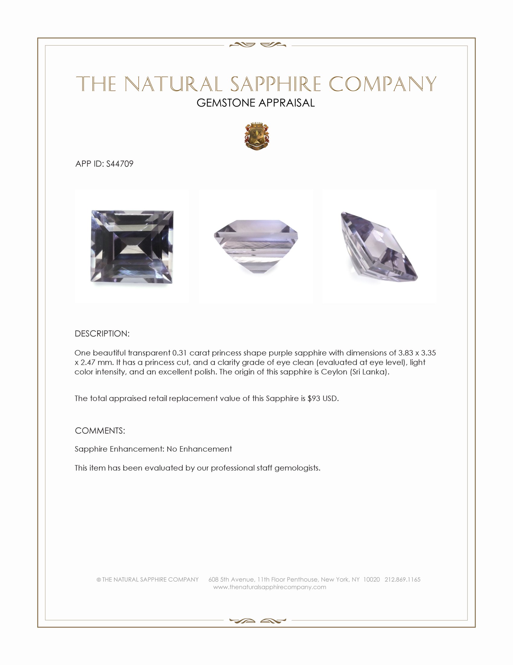 0.31 Ct. Purple Sapphire from Ceylon (Sri Lanka)