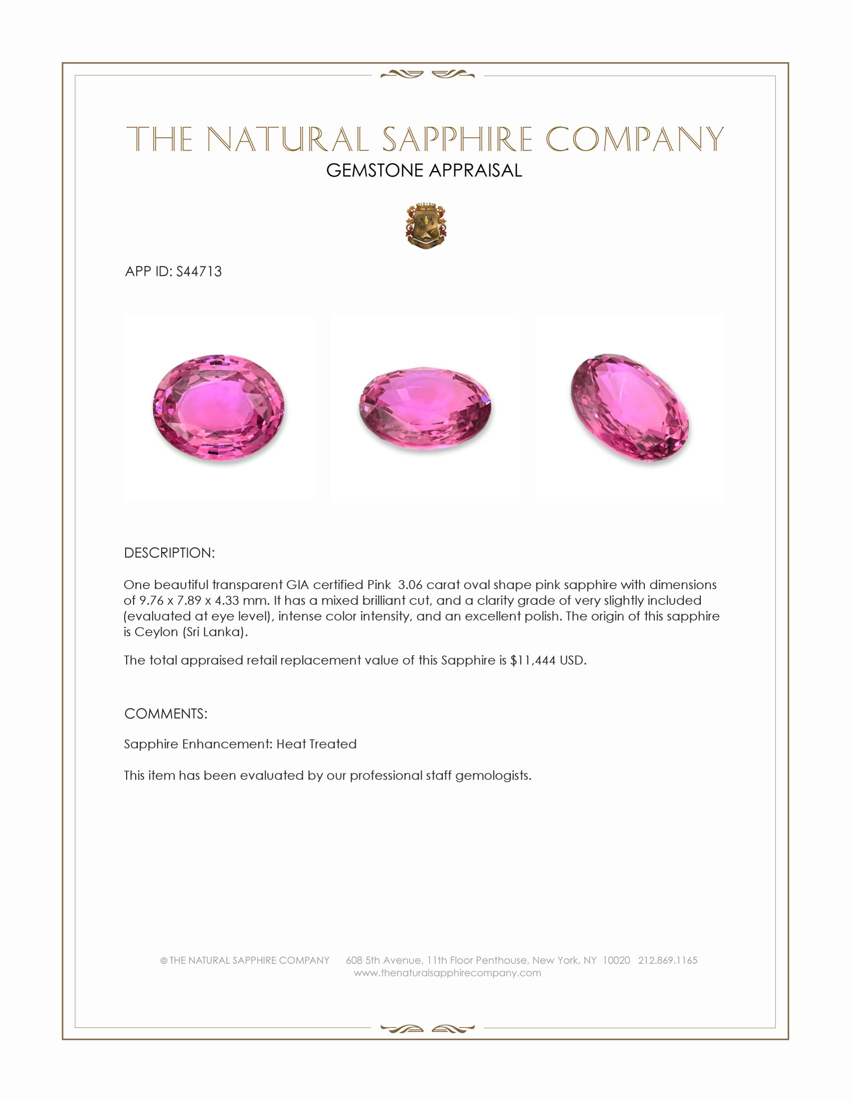 3.06 Ct. Pink Sapphire from Ceylon (Sri Lanka)