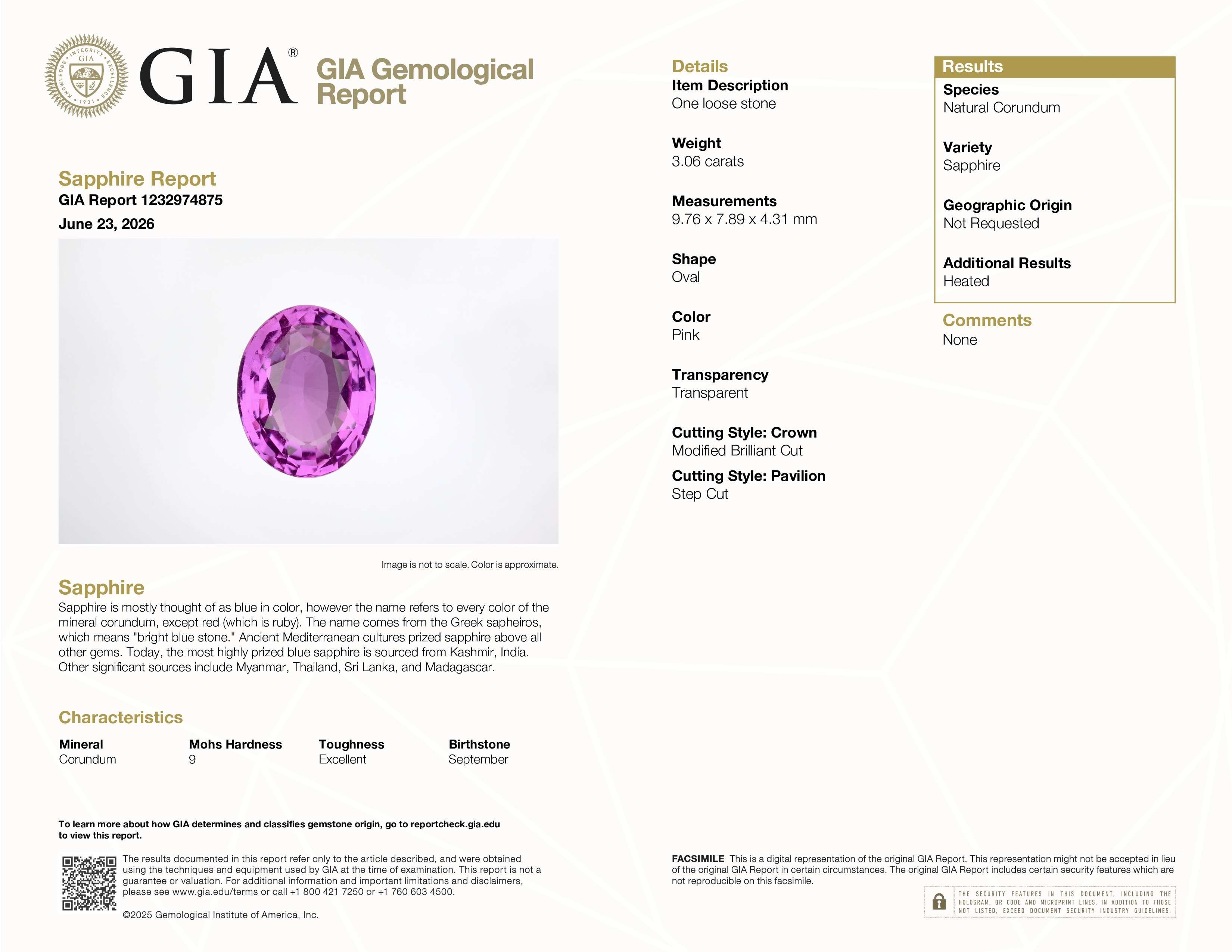 3.06 Ct. Pink Sapphire from Ceylon (Sri Lanka)