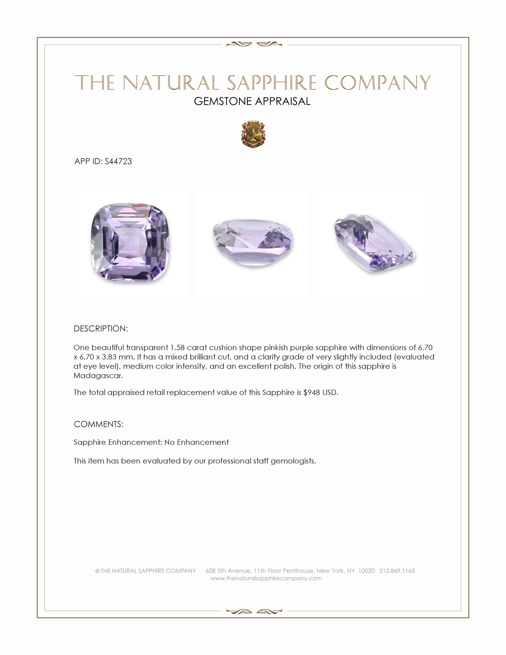 1.58 Ct. Pinkish Purple Sapphire from Madagascar