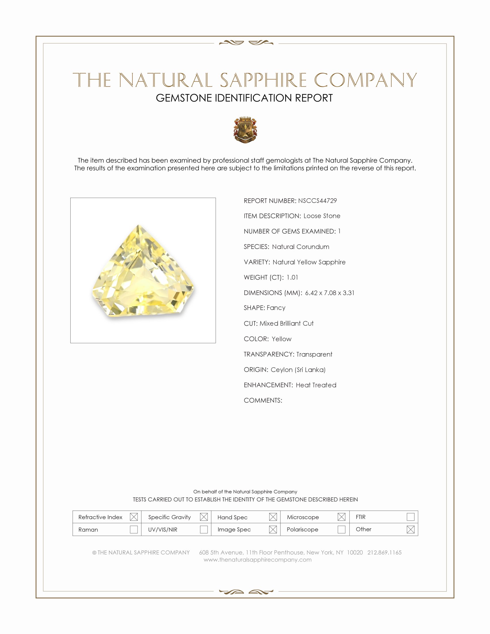 1.01 Ct. Yellow Sapphire from Ceylon (Sri Lanka)