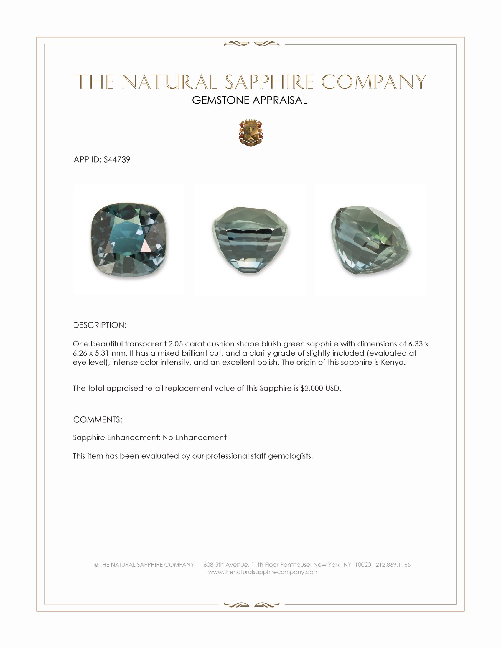 2.05 Ct. Bluish Green Sapphire from Kenya
