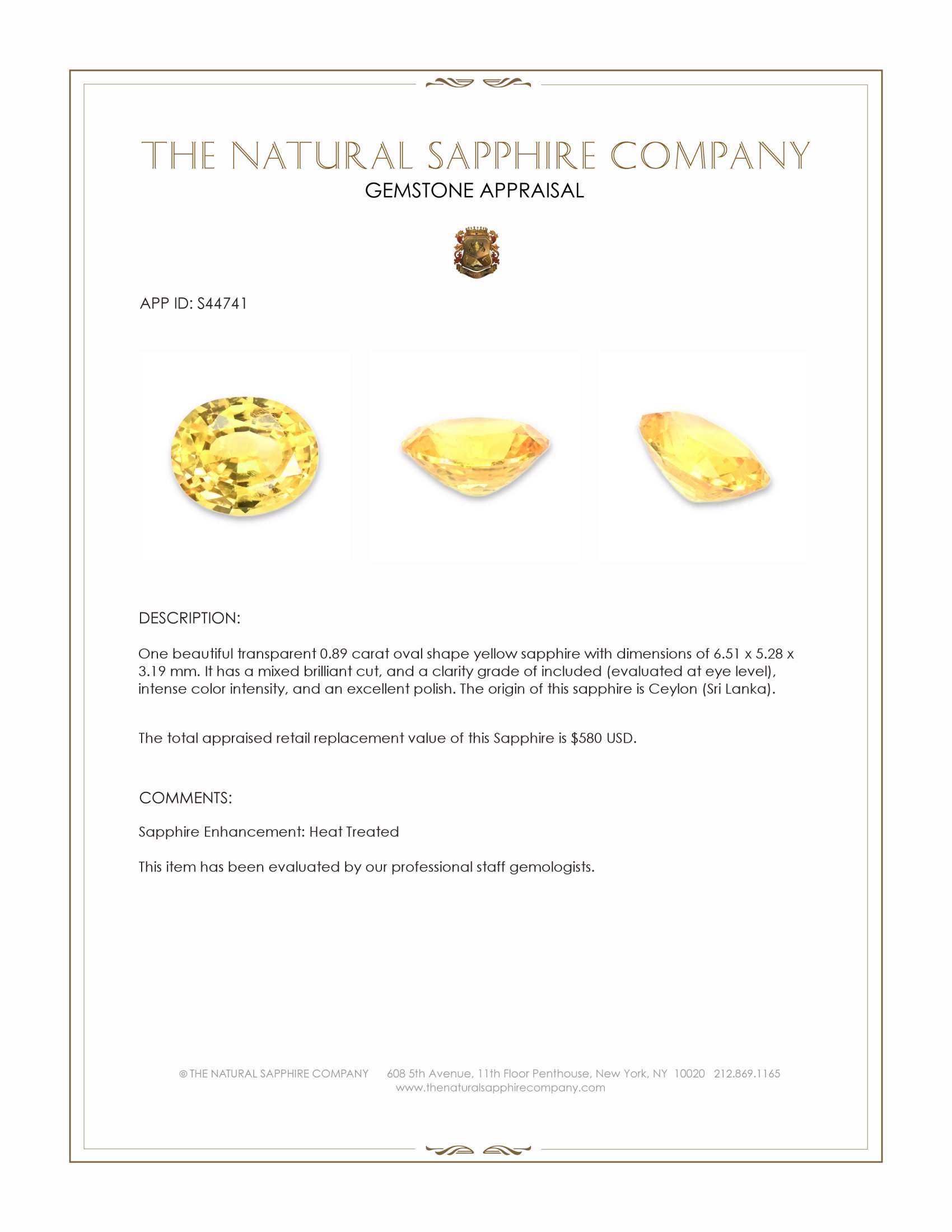 0.89 Ct. Yellow Sapphire from Ceylon (Sri Lanka)