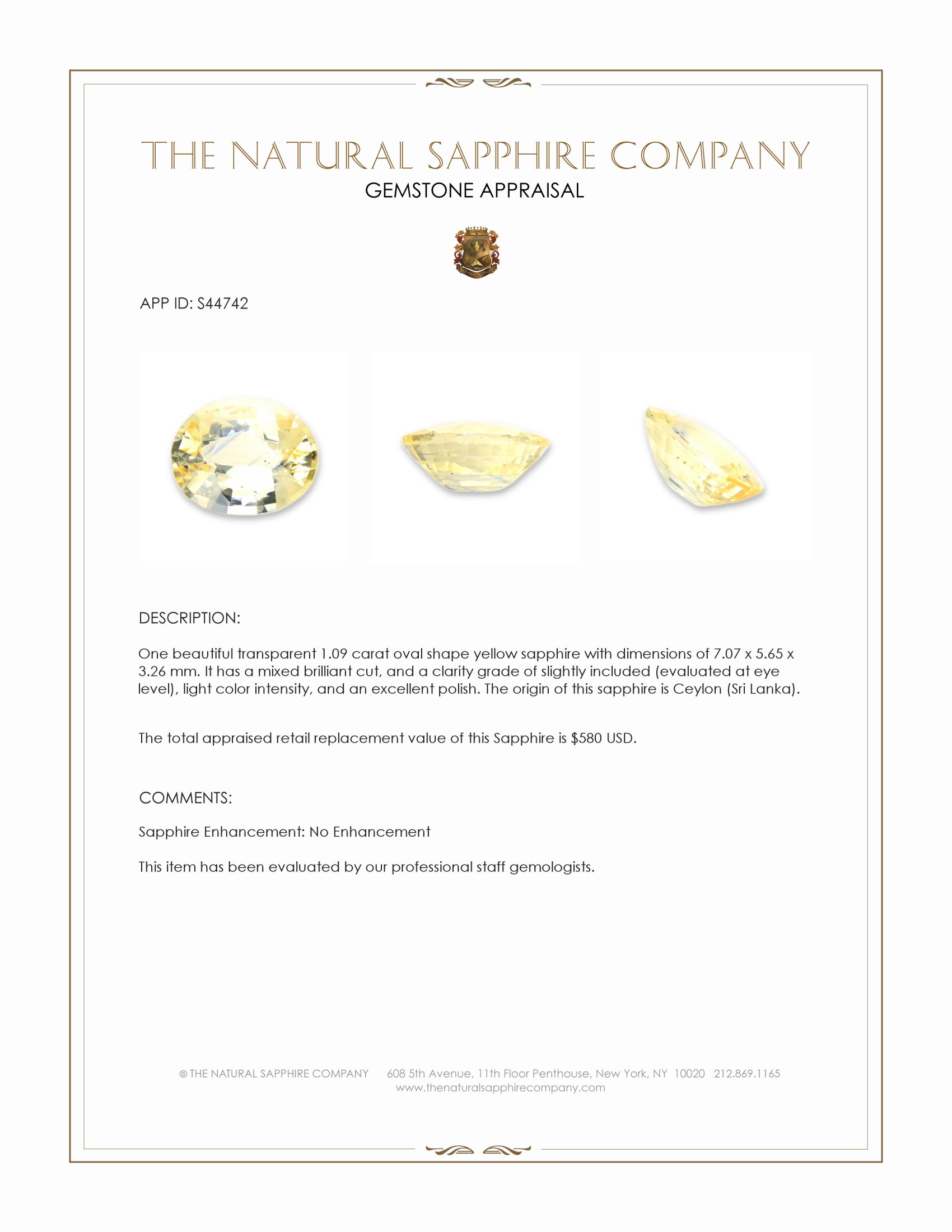 1.09 Ct. Yellow Sapphire from Ceylon (Sri Lanka)