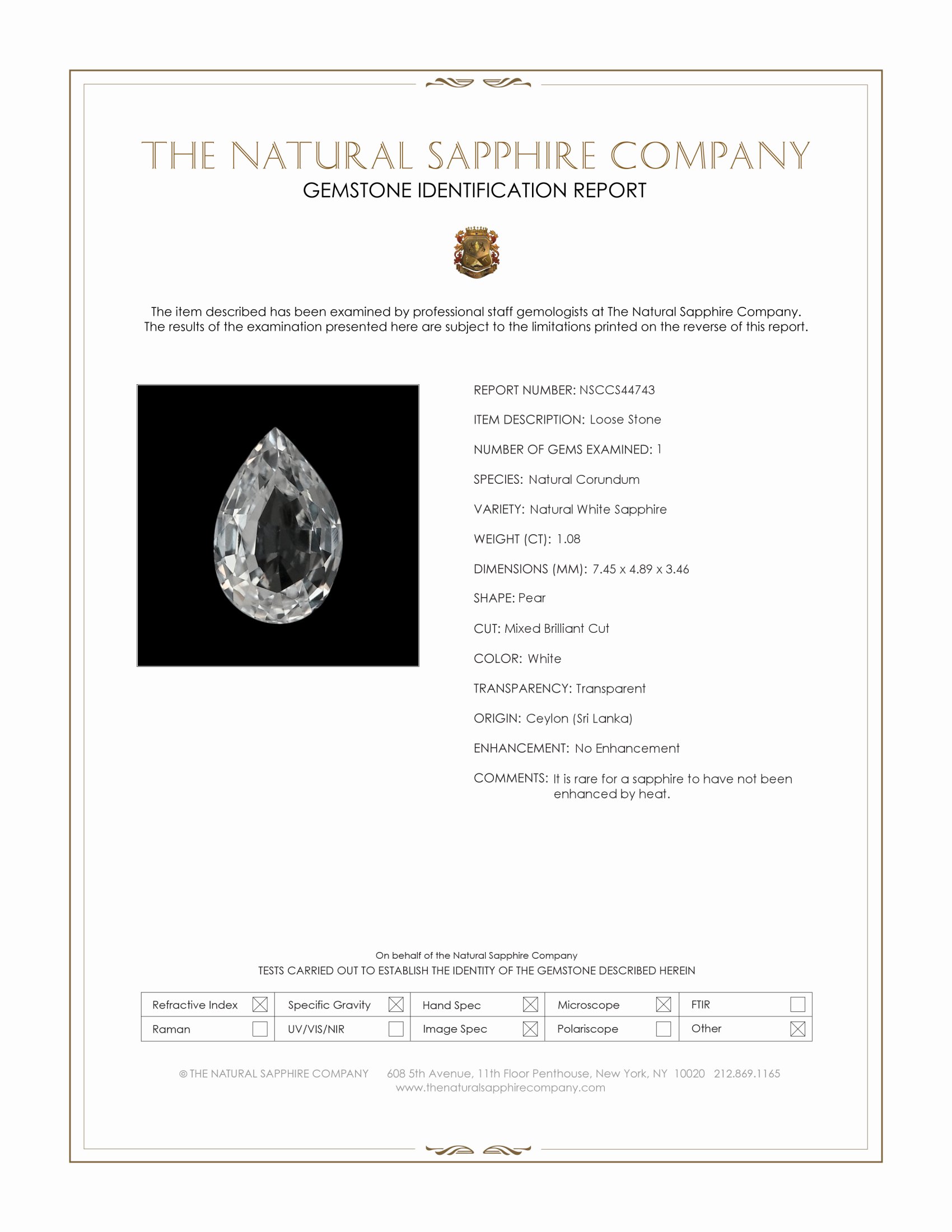 1.08 Ct. White Sapphire from Ceylon (Sri Lanka)