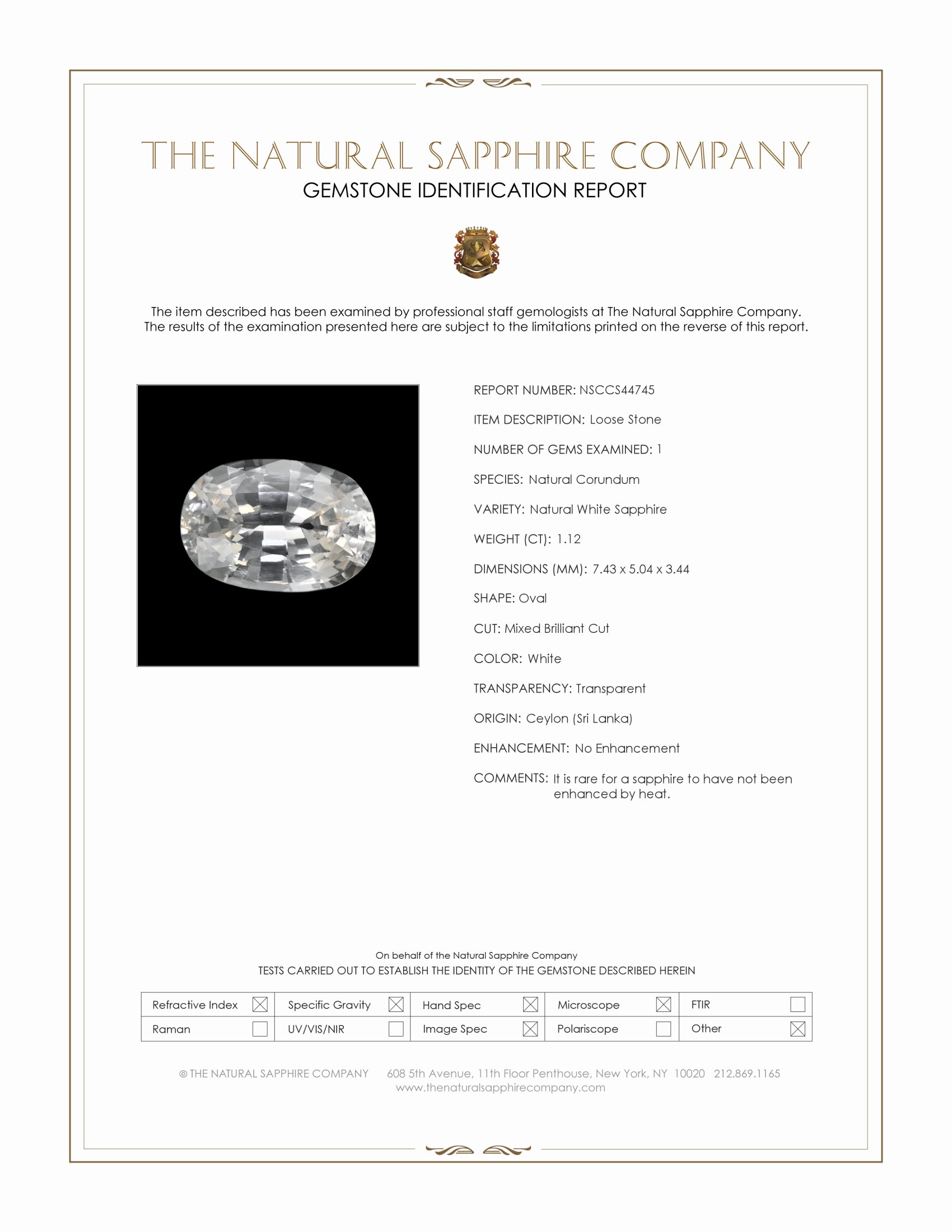 1.12 Ct. White Sapphire from Ceylon (Sri Lanka)