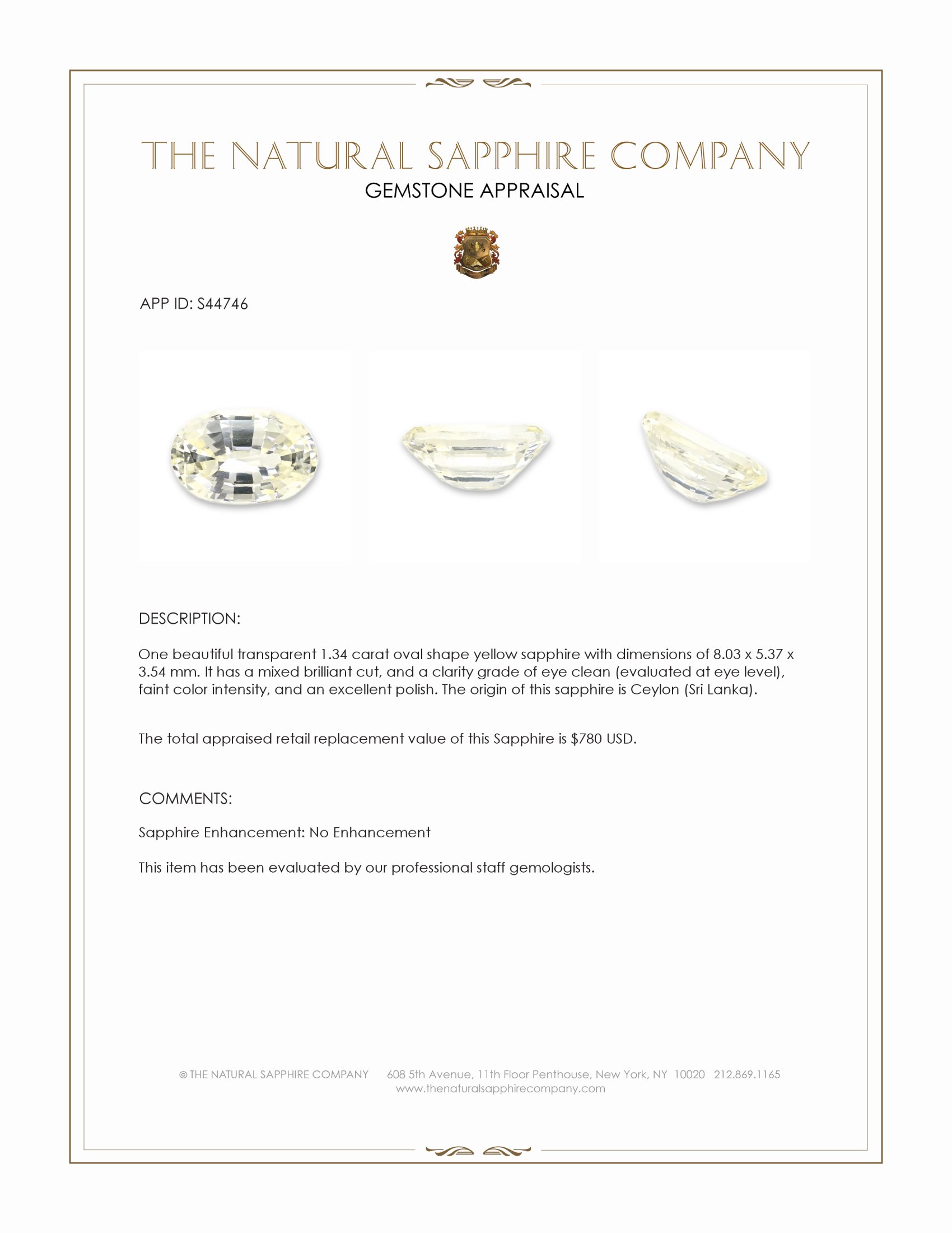 1.34 Ct. Yellow Sapphire from Ceylon (Sri Lanka)