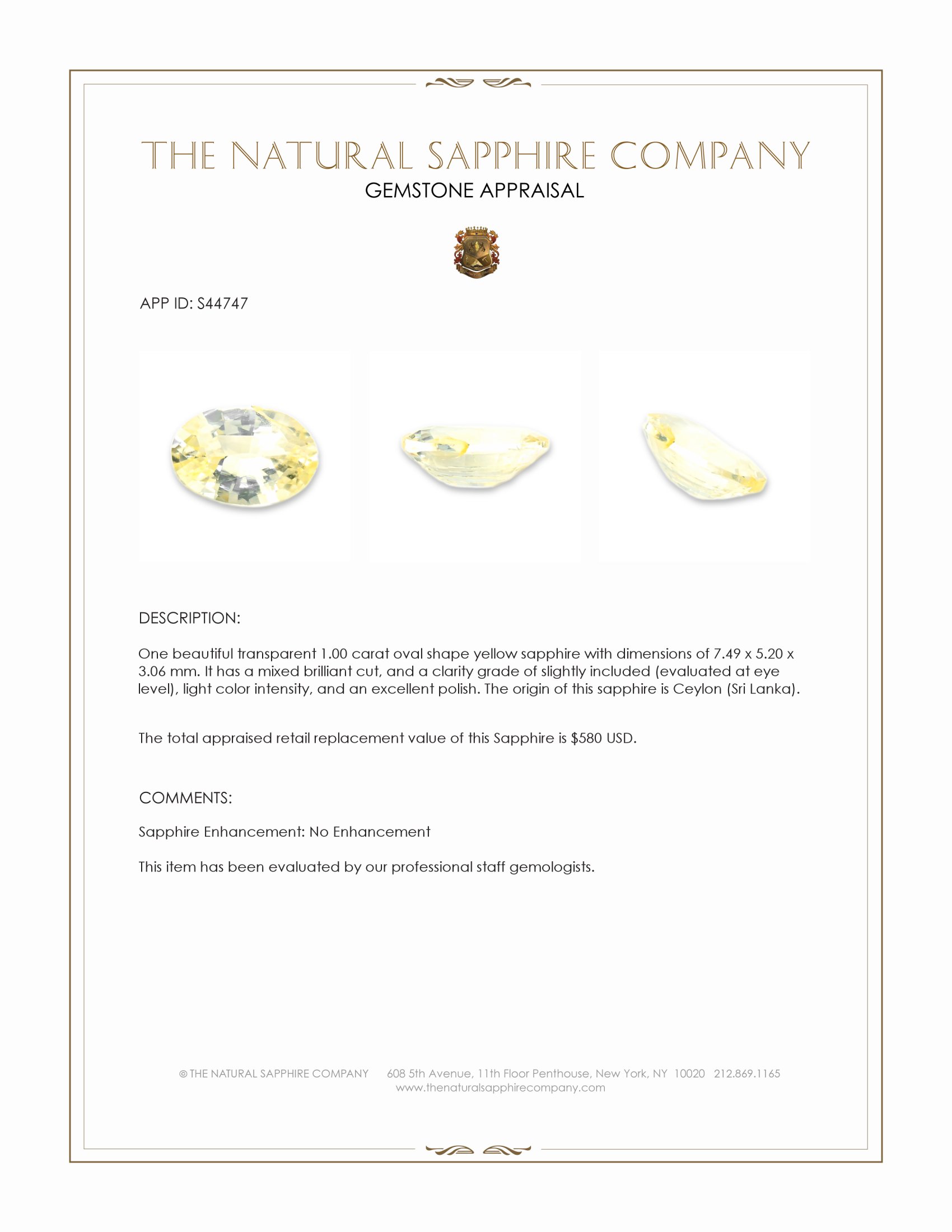 1.00 Ct. Yellow Sapphire from Ceylon (Sri Lanka)