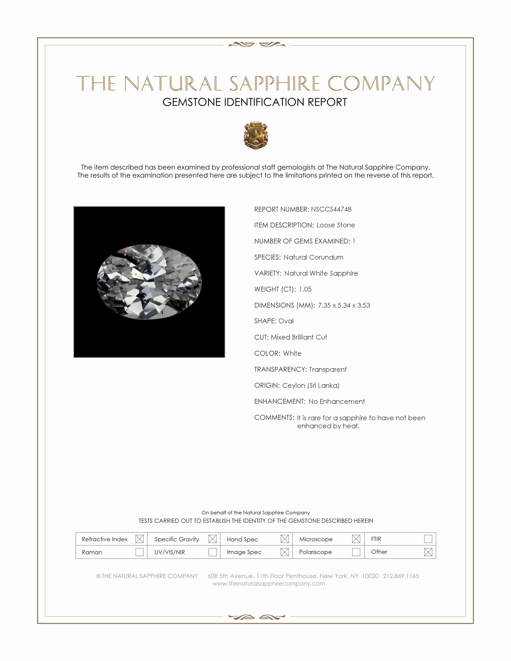 1.05 Ct. White Sapphire from Ceylon (Sri Lanka)