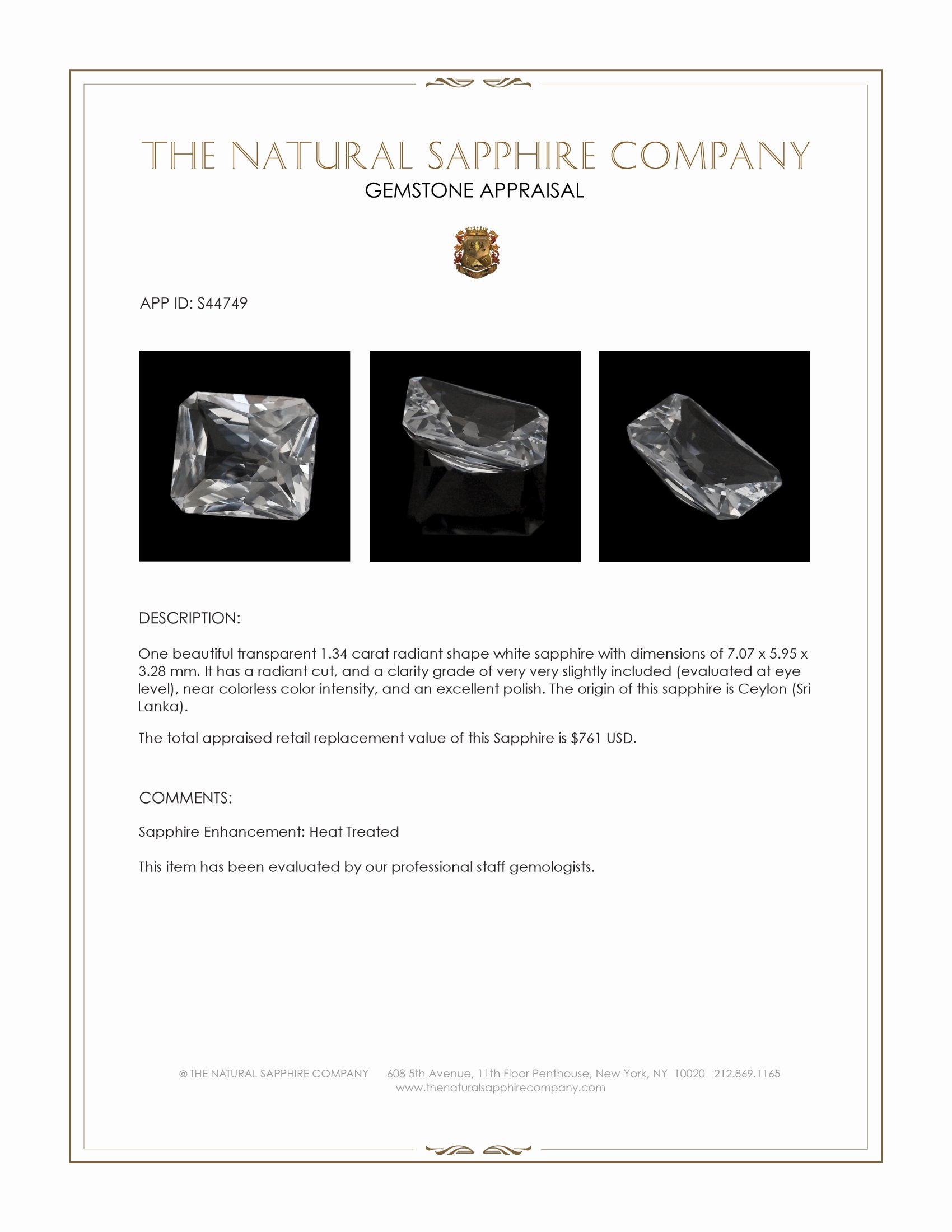 1.34 Ct. White Sapphire from Ceylon (Sri Lanka)