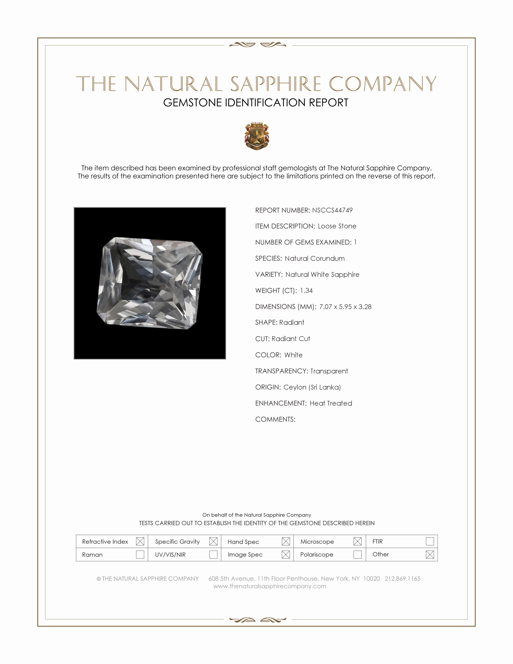 1.34 Ct. White Sapphire from Ceylon (Sri Lanka)
