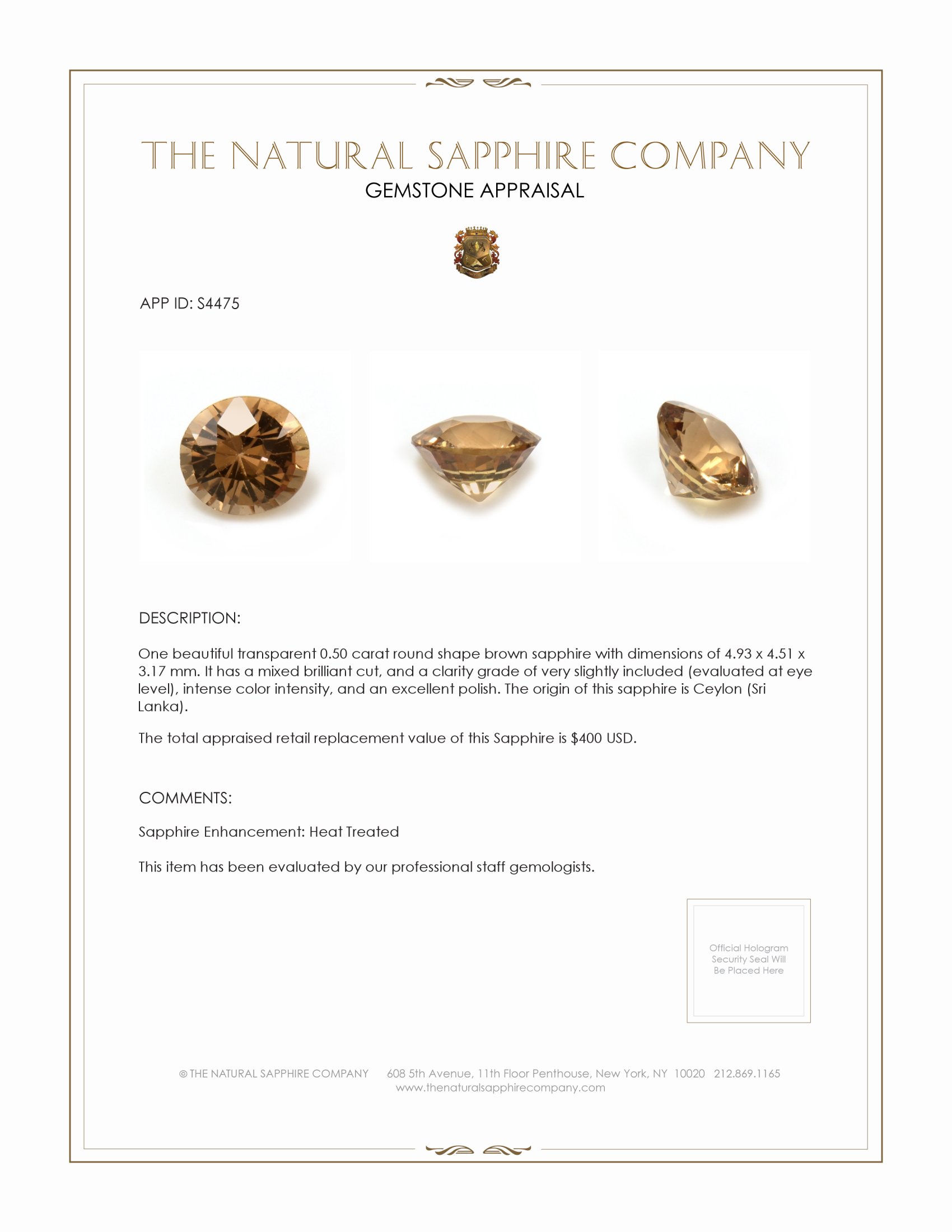 0.50 Ct. Brown Sapphire from Ceylon (Sri Lanka)