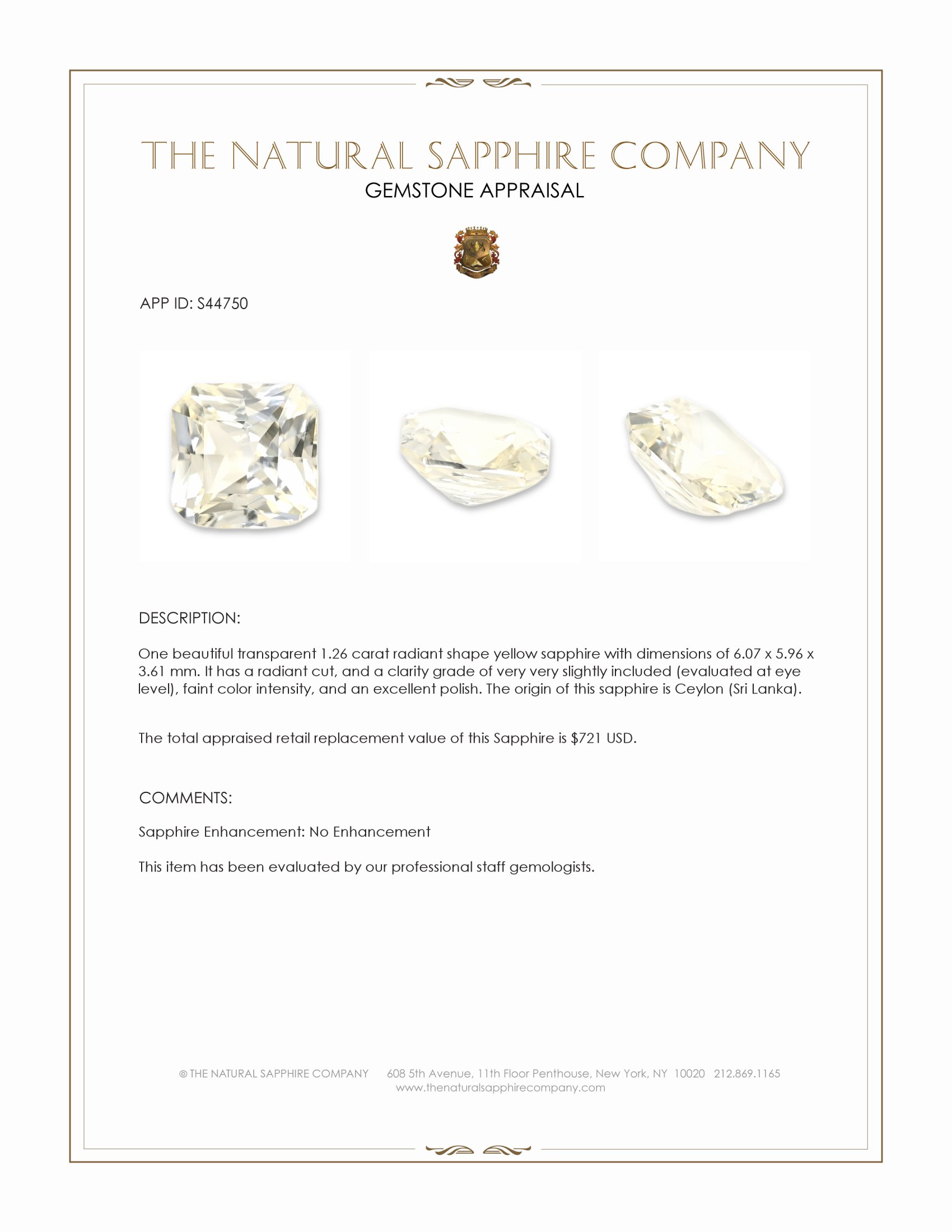 1.26 Ct. Yellow Sapphire from Ceylon (Sri Lanka)
