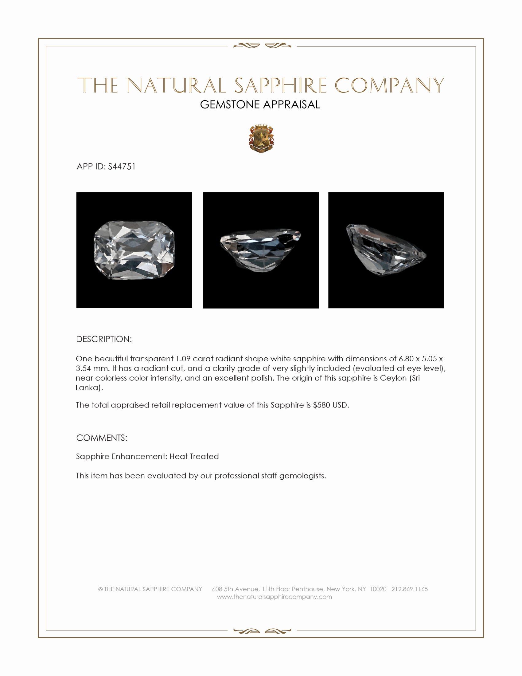 1.09 Ct. White Sapphire from Ceylon (Sri Lanka)