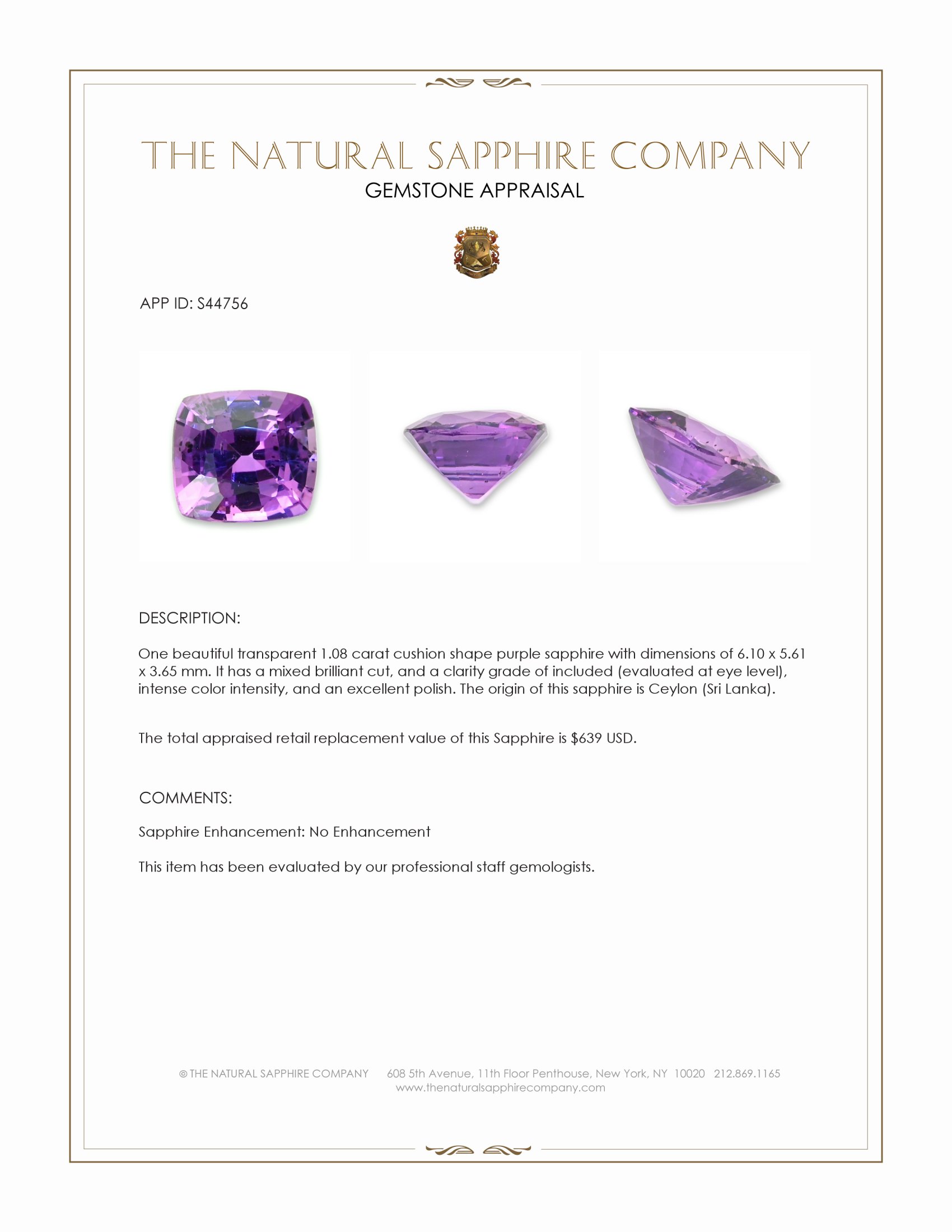 1.08 Ct. Purple Sapphire from Ceylon (Sri Lanka)