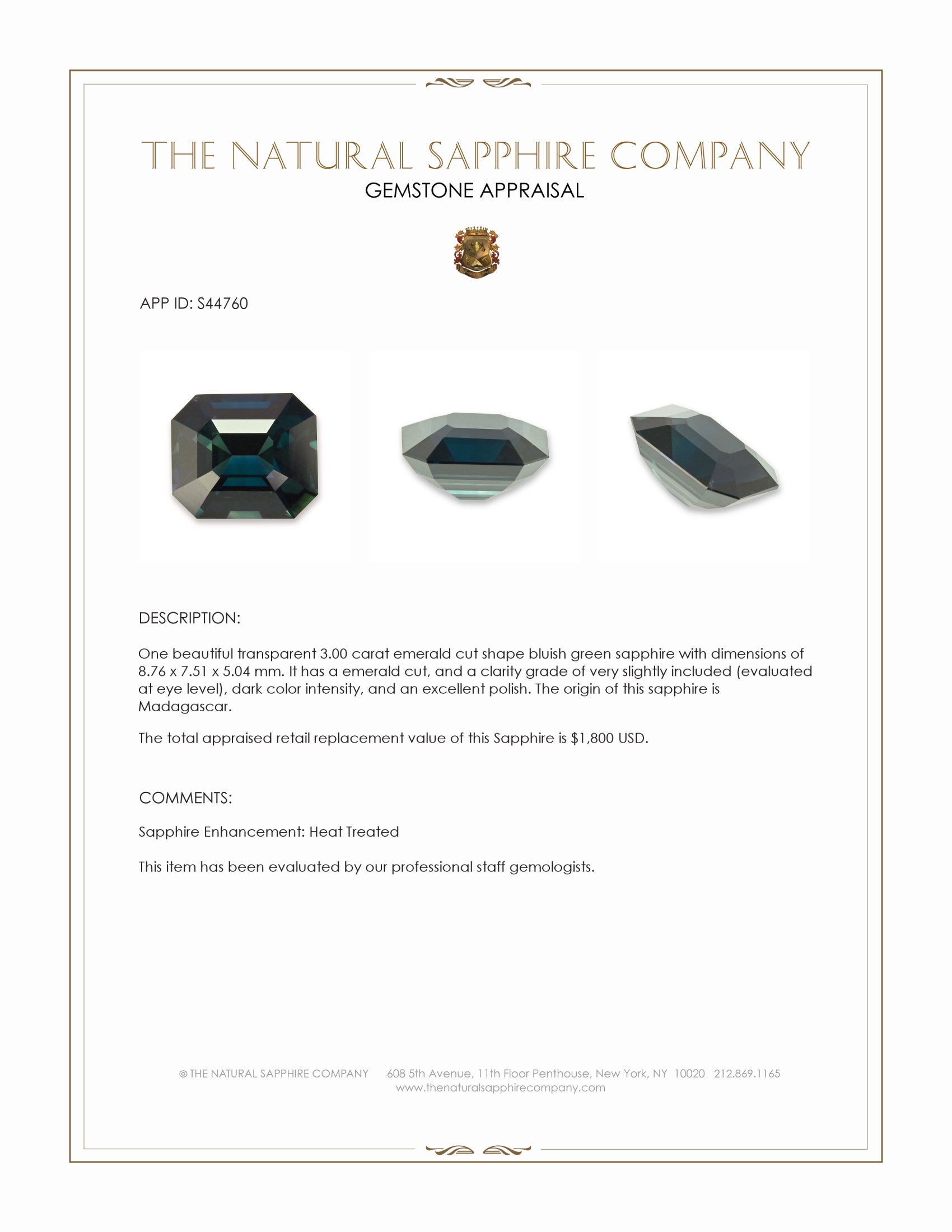 3.00 Ct. Bluish Green Sapphire from Madagascar